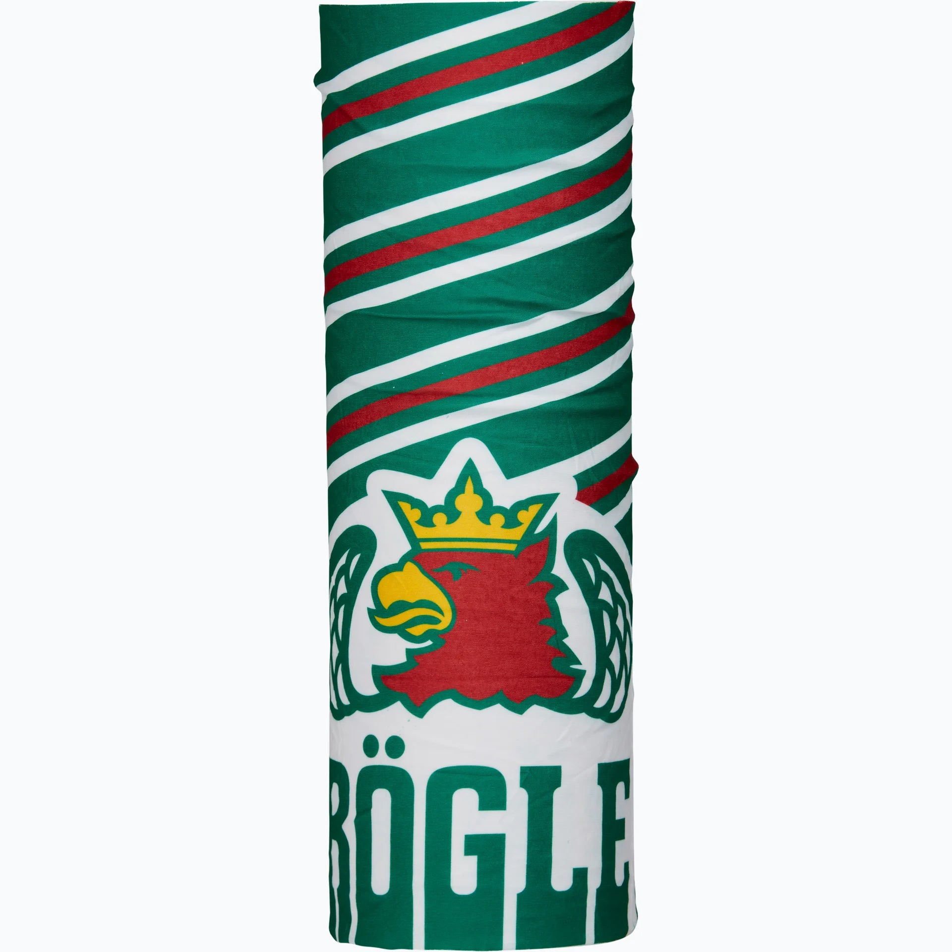 Grön buff med röda och vita ränder samt stor logo.