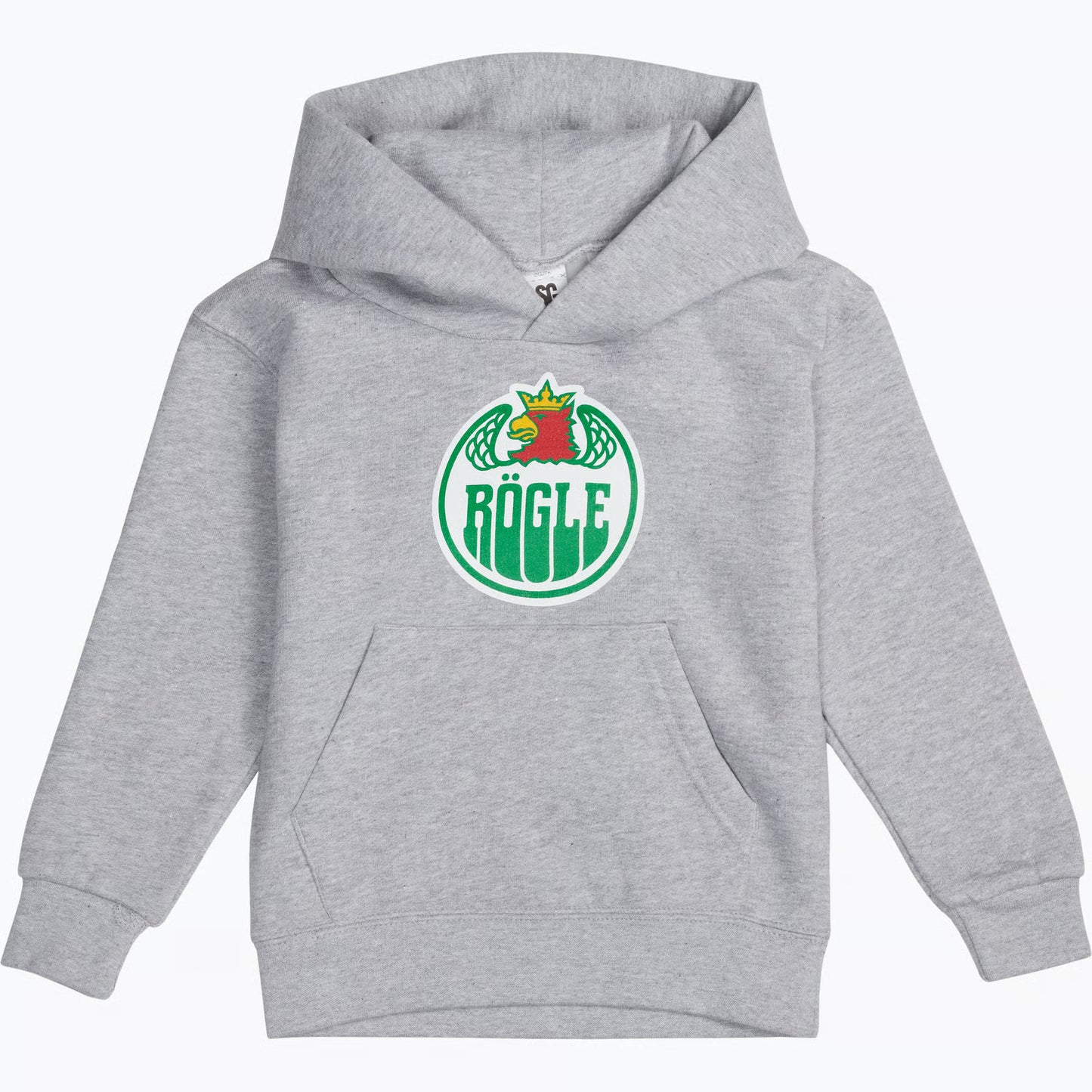 Grå luvtröja med logo på bröstet.