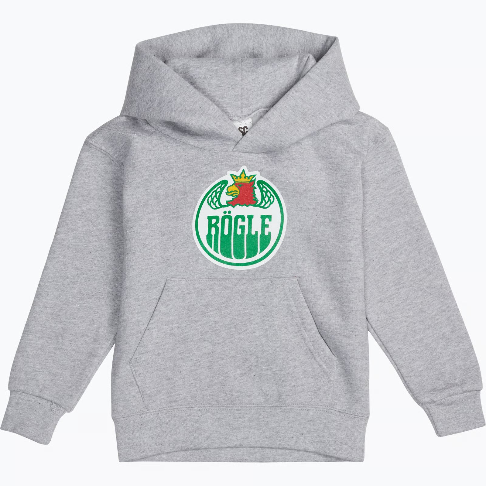 Grå luvtröja med logo på bröstet.