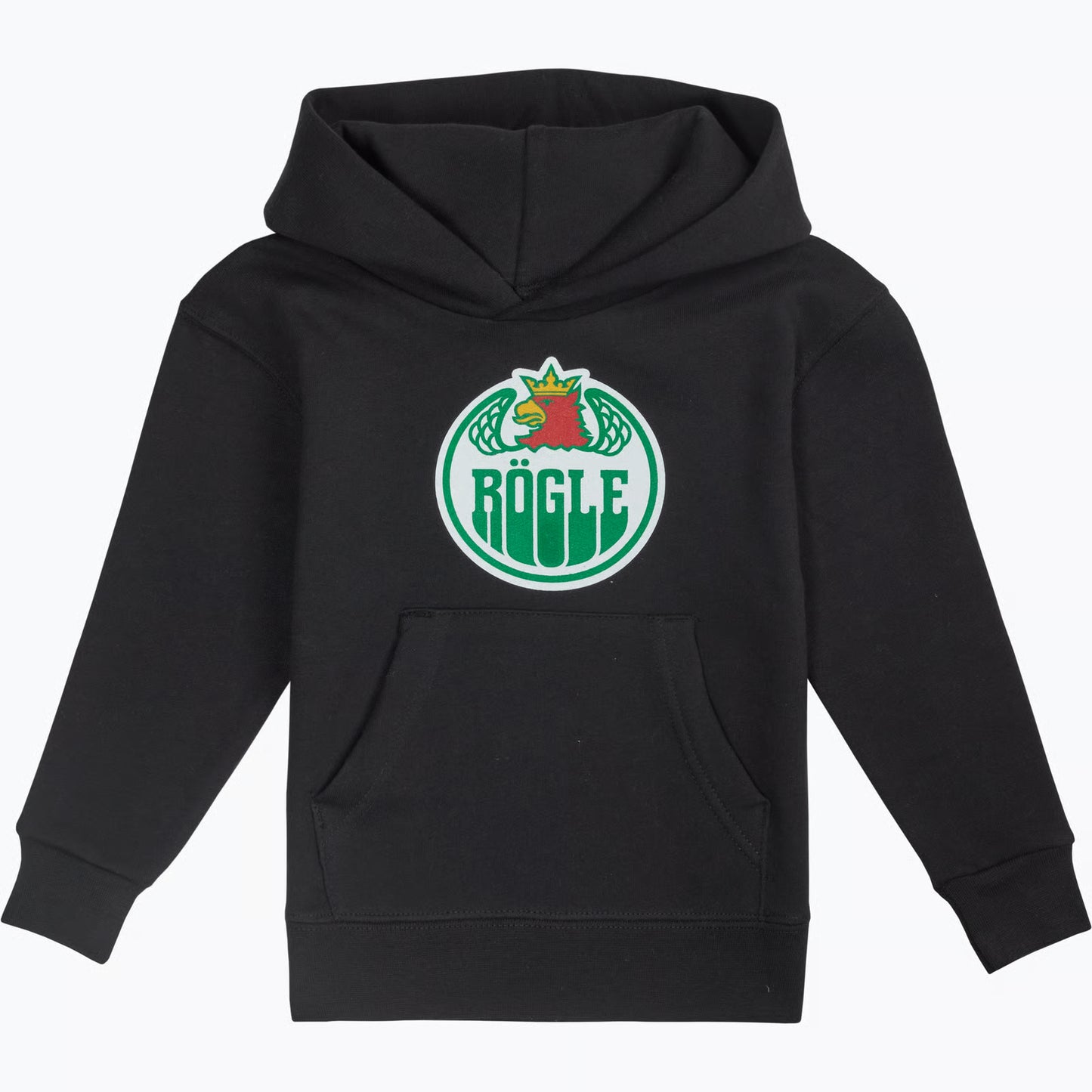 Svart luvtröja med logo på bröstet.