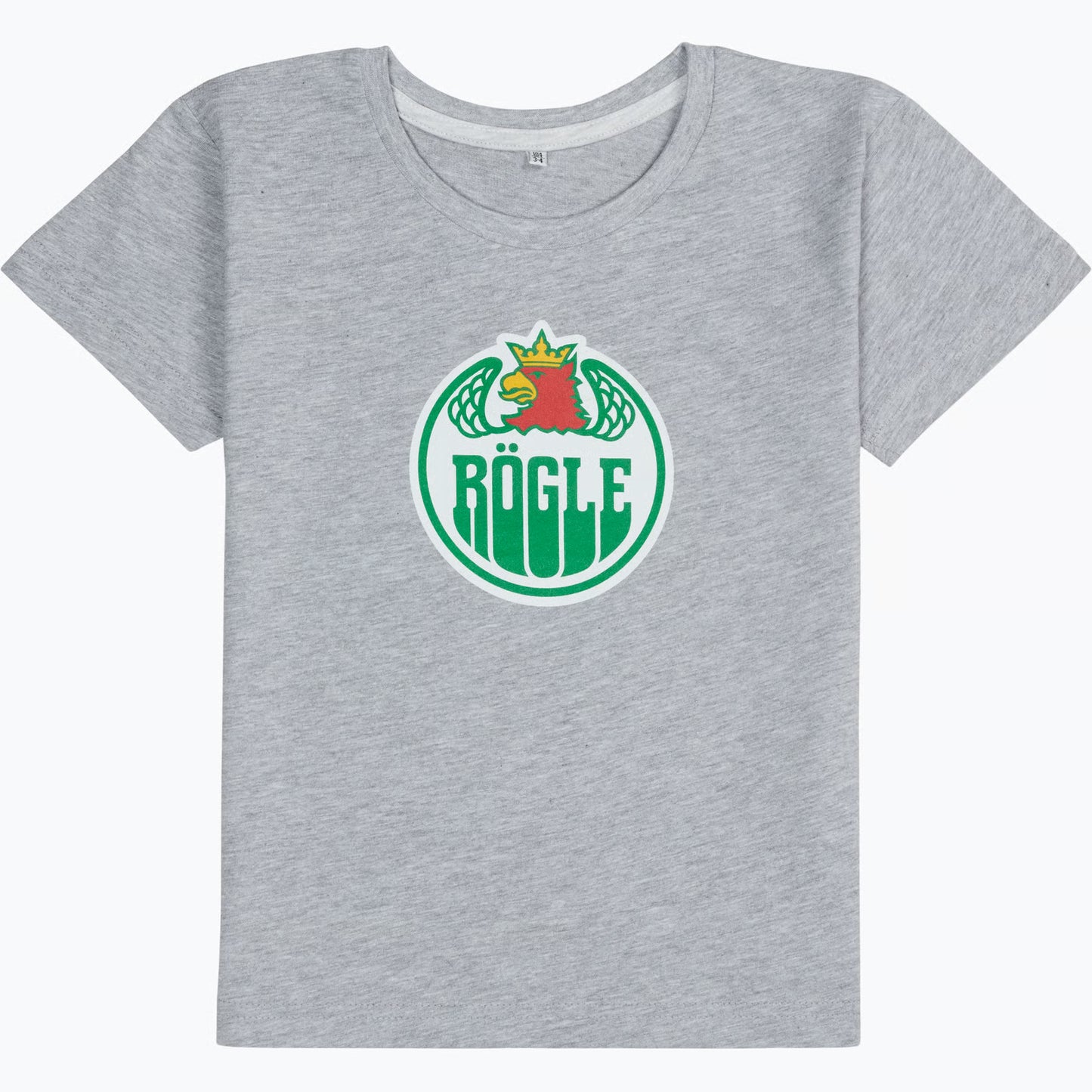 Grå t-shirt med logo på bröstet.