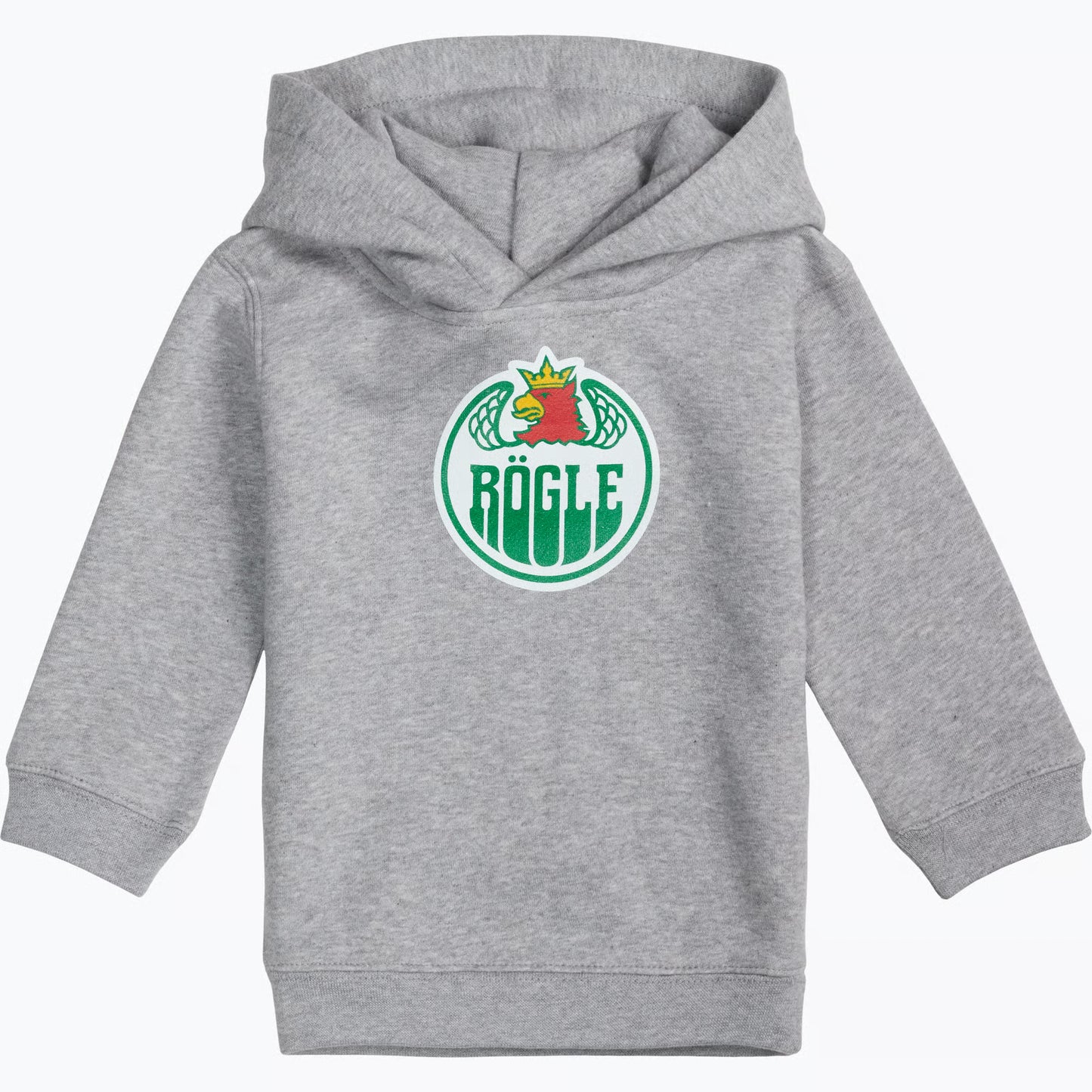 Grå luvtröja med logo på bröstet.
