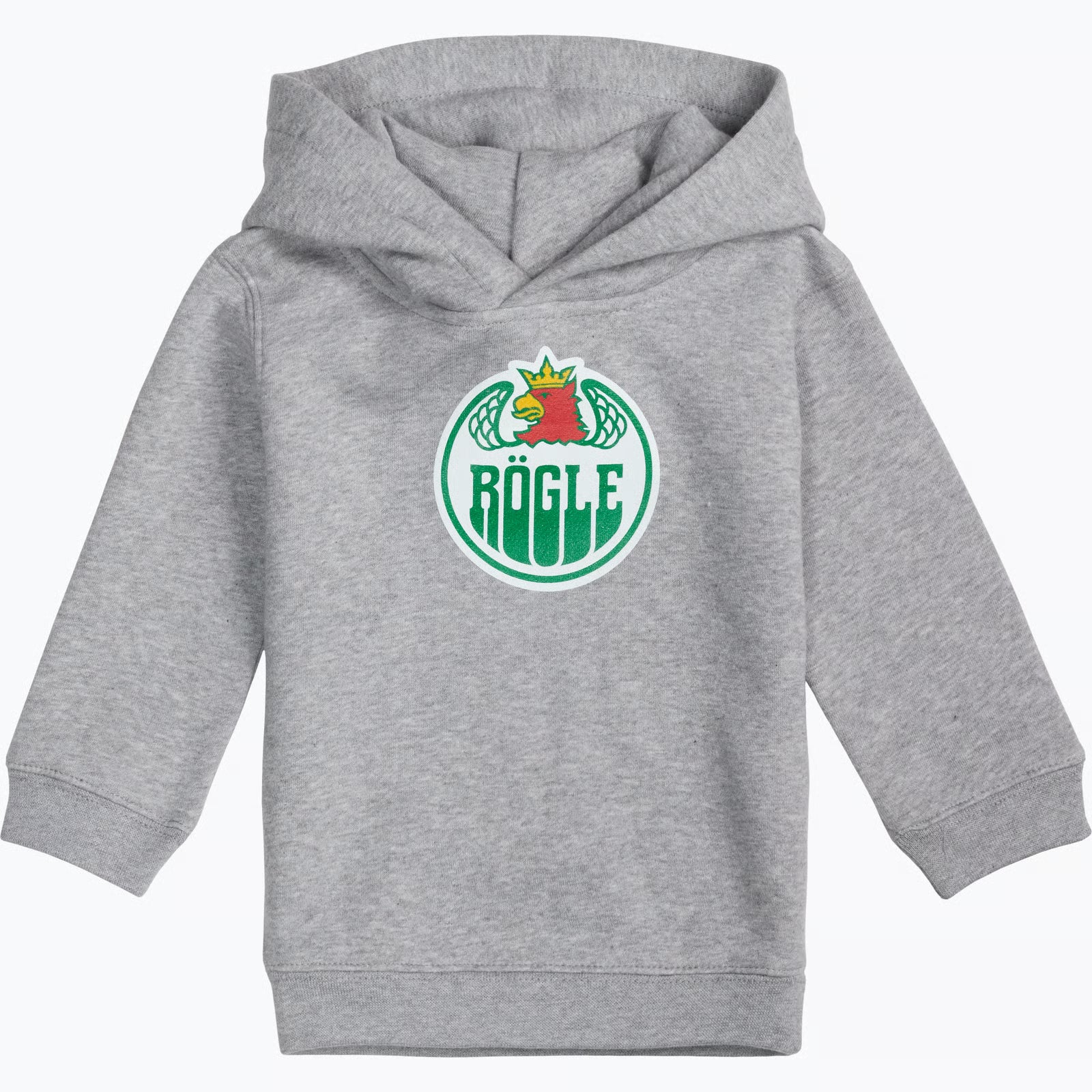 Grå luvtröja med logo på bröstet.