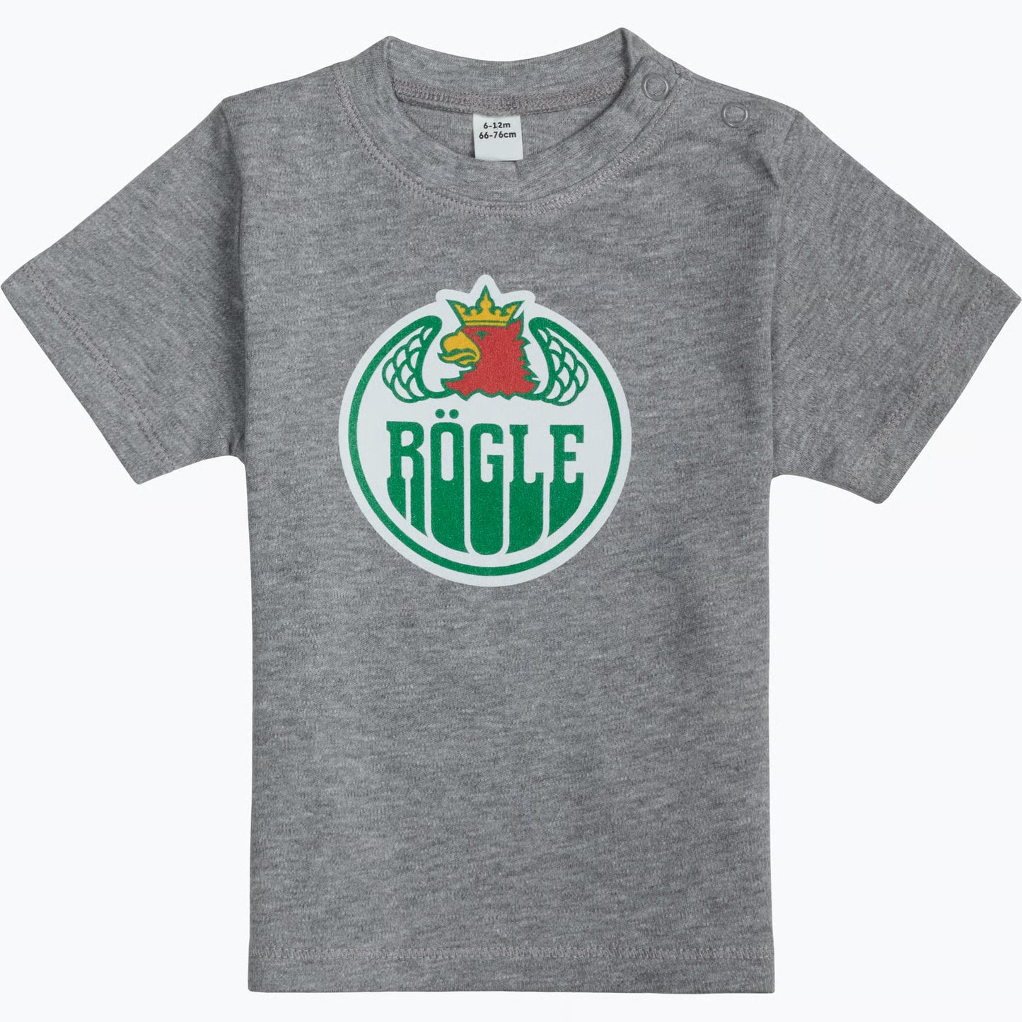 Grå t-shirt med tryck på bröstet.