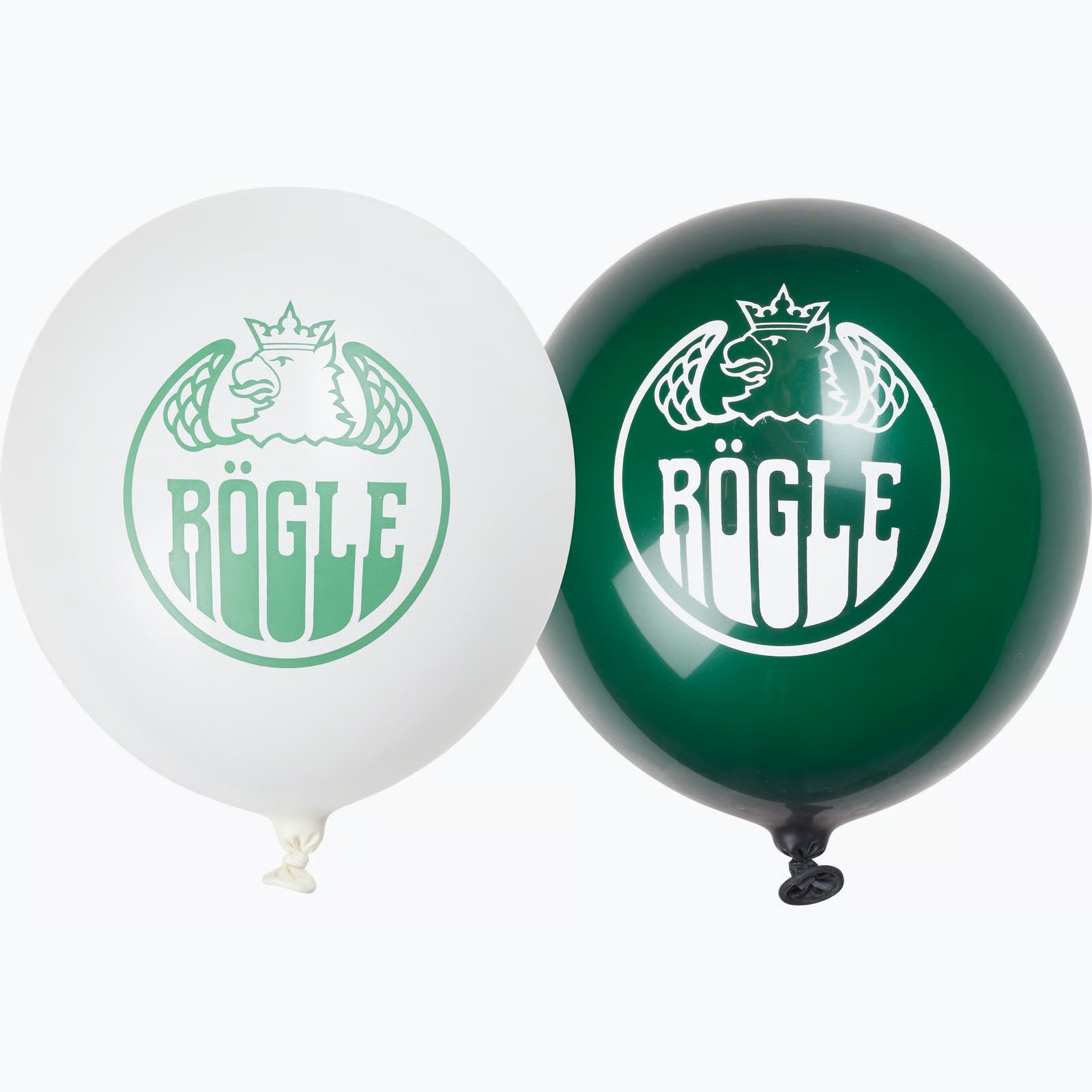 Vit ballong med grön logotyp och grön ballong med vit logotyp.