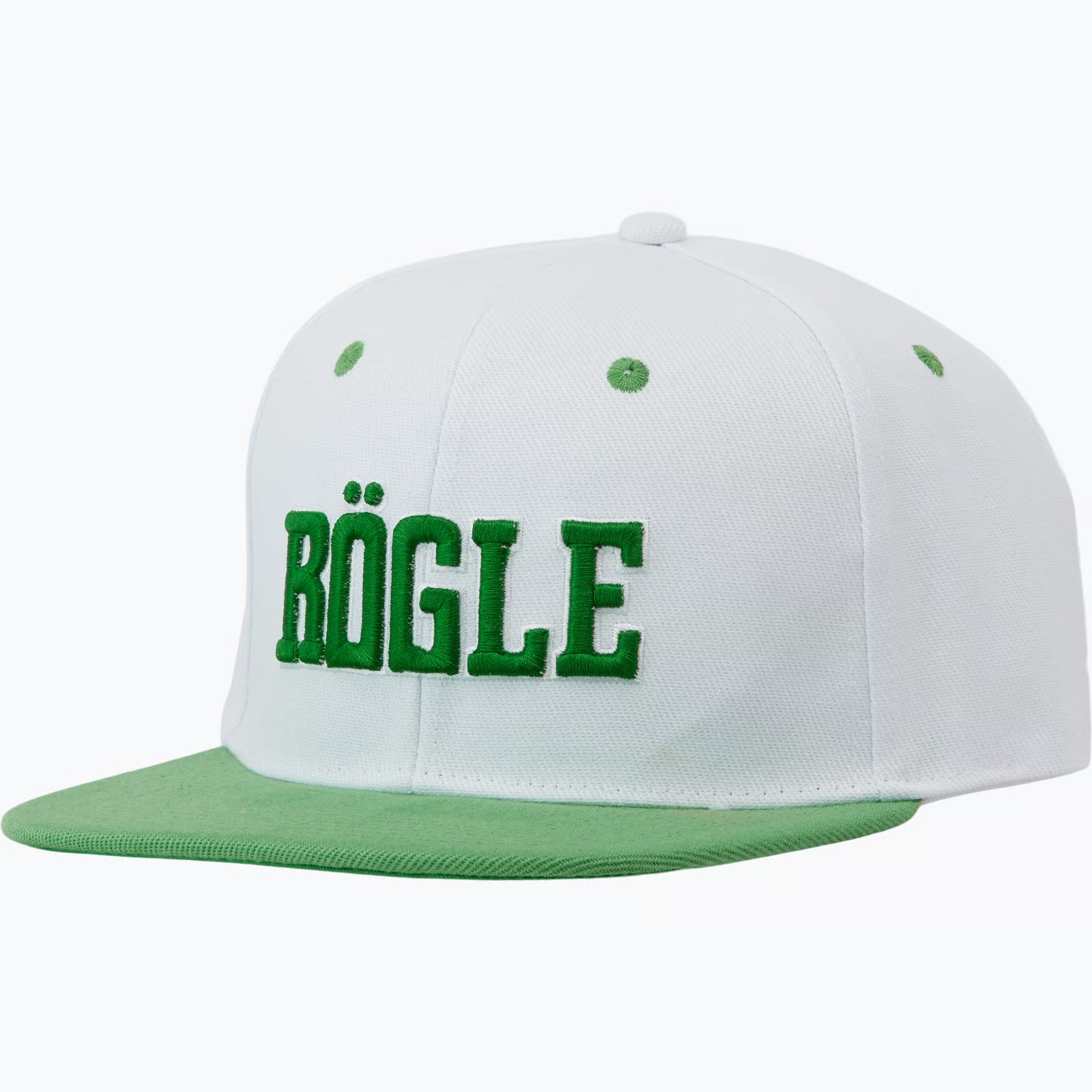 Vit keps med grön skärm och grön text Rögle på framsidan.