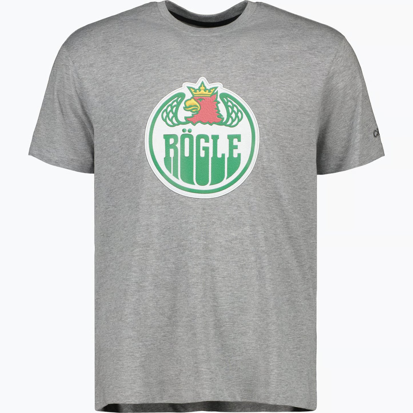 Grå t-shirt med logotyp på bröstet.