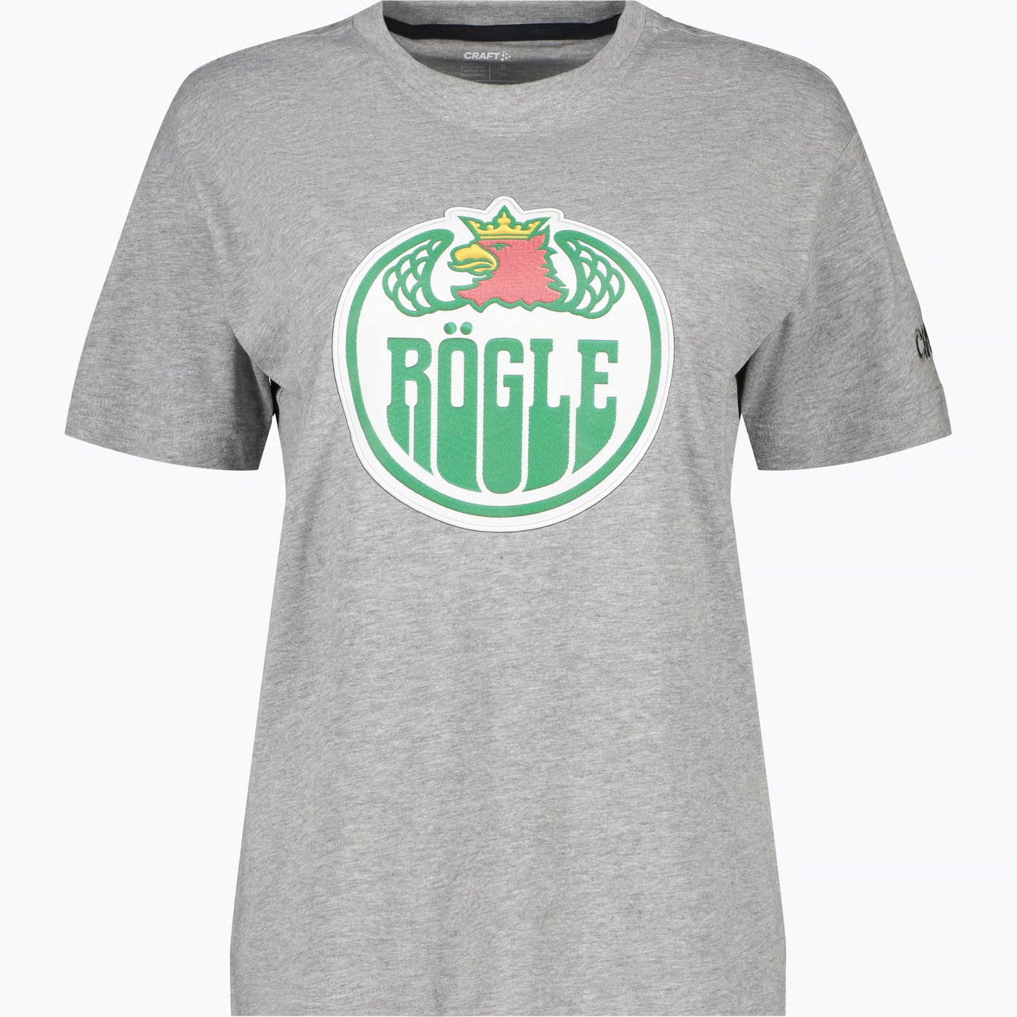 Grå t-shirt med logotyp på bröstet.