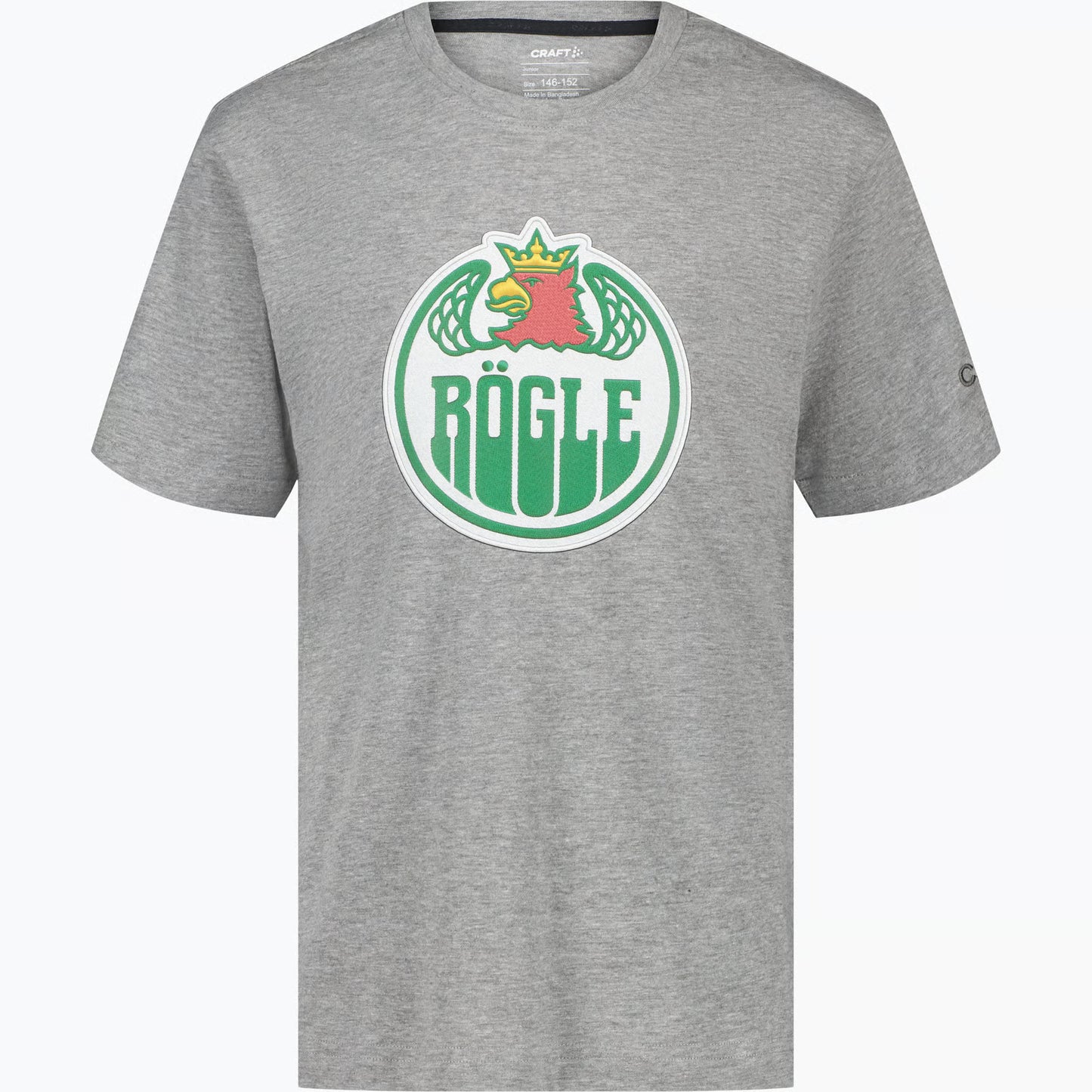 Grå t-shirt med stor logotyp på bröstet.
