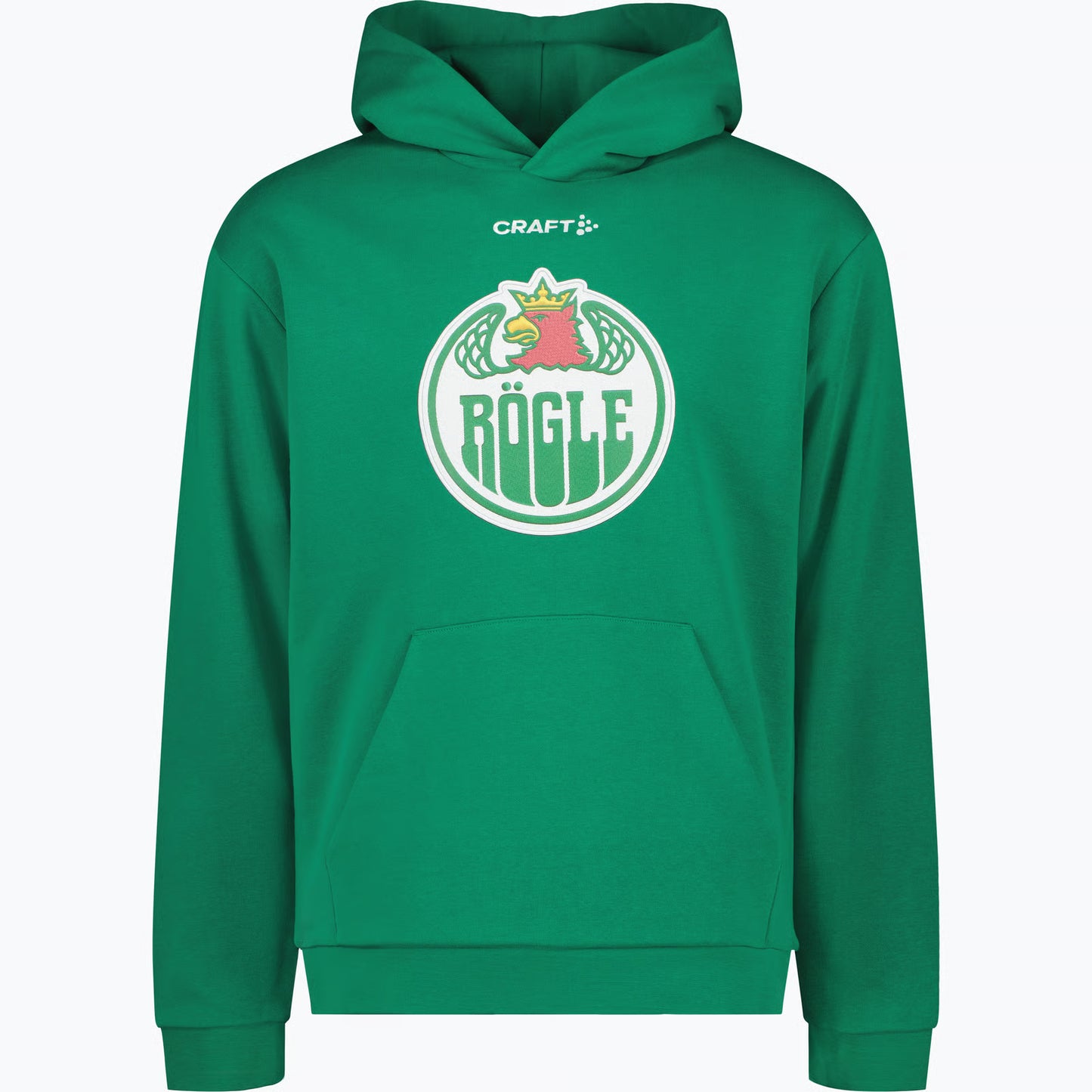 Grön luvtröja med logotyp på bröstet.