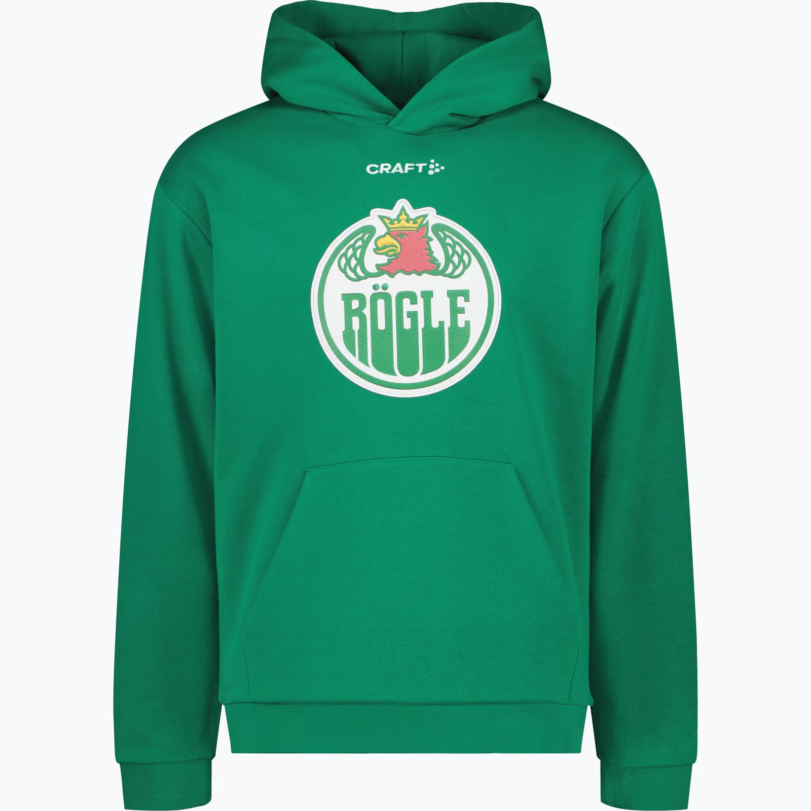 Grön luvtröja med logotyp på bröstet.