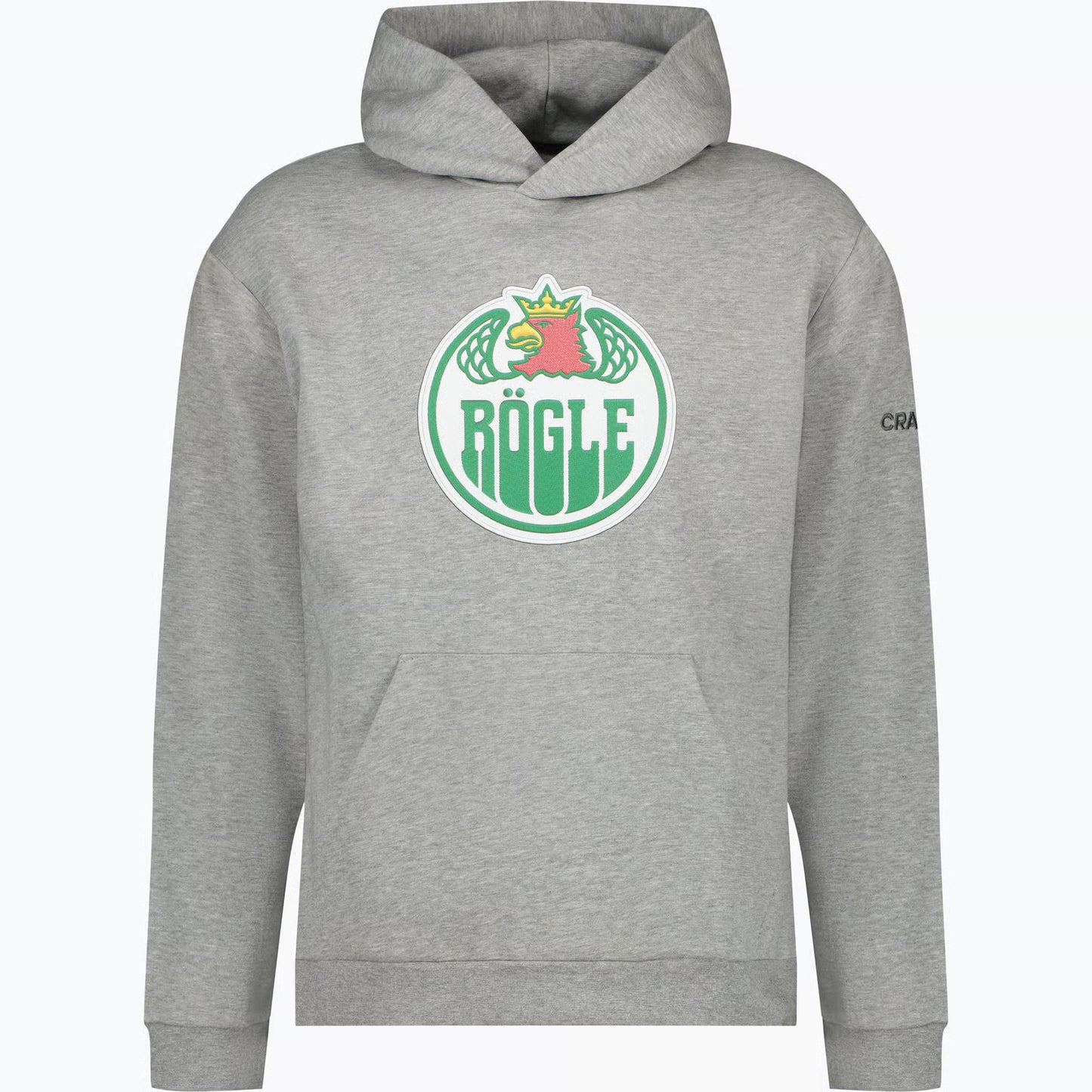 Grå luvtröja med logotyp på bröstet.