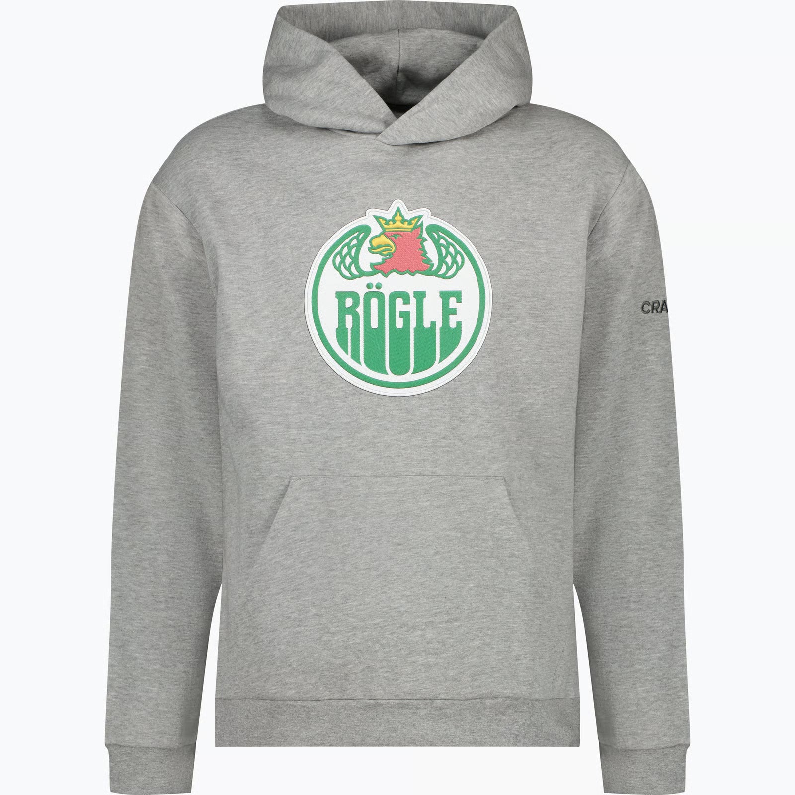 Grå luvtröja med logotyp på bröstet.