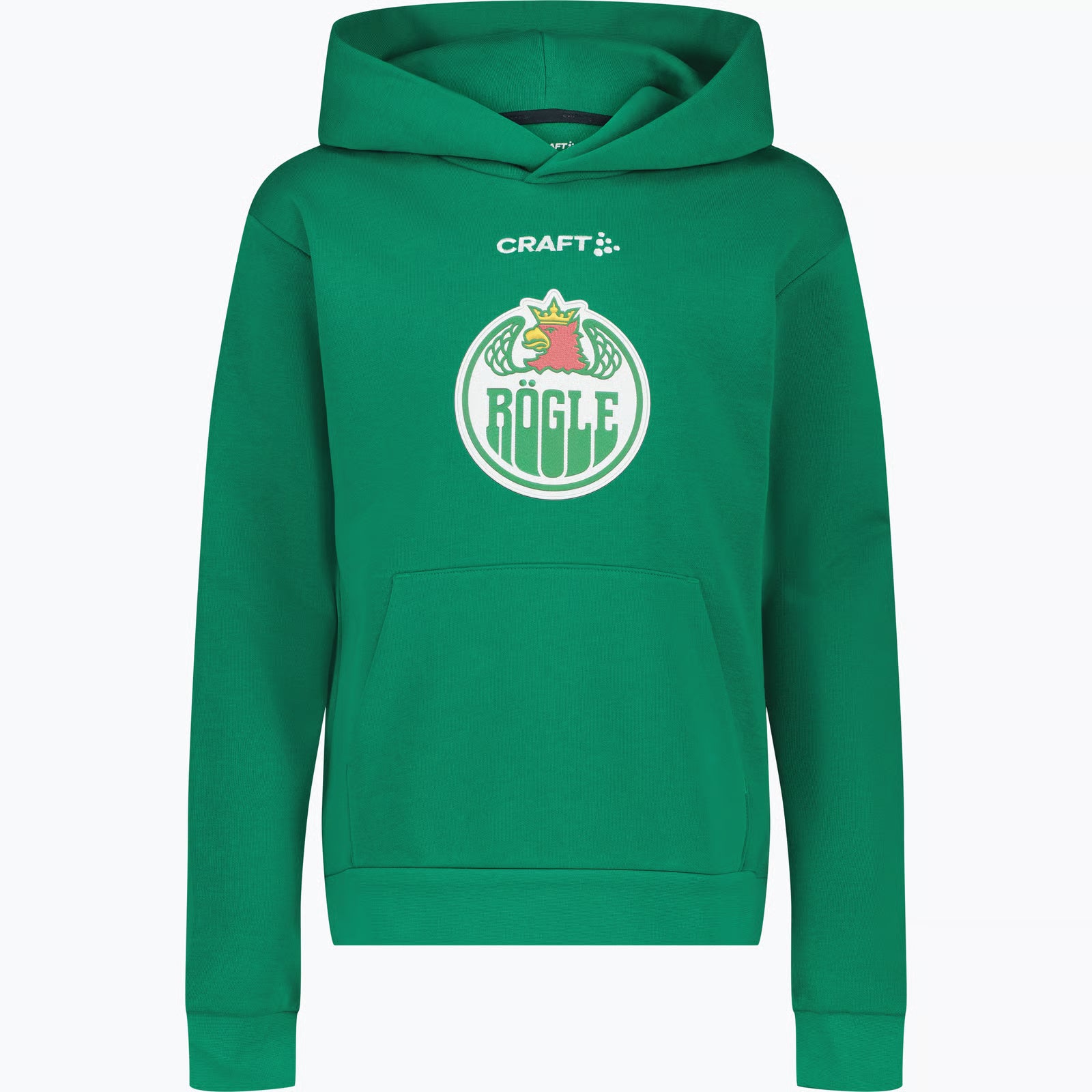 Grön luvtröja med stor logotyp på bröstet.