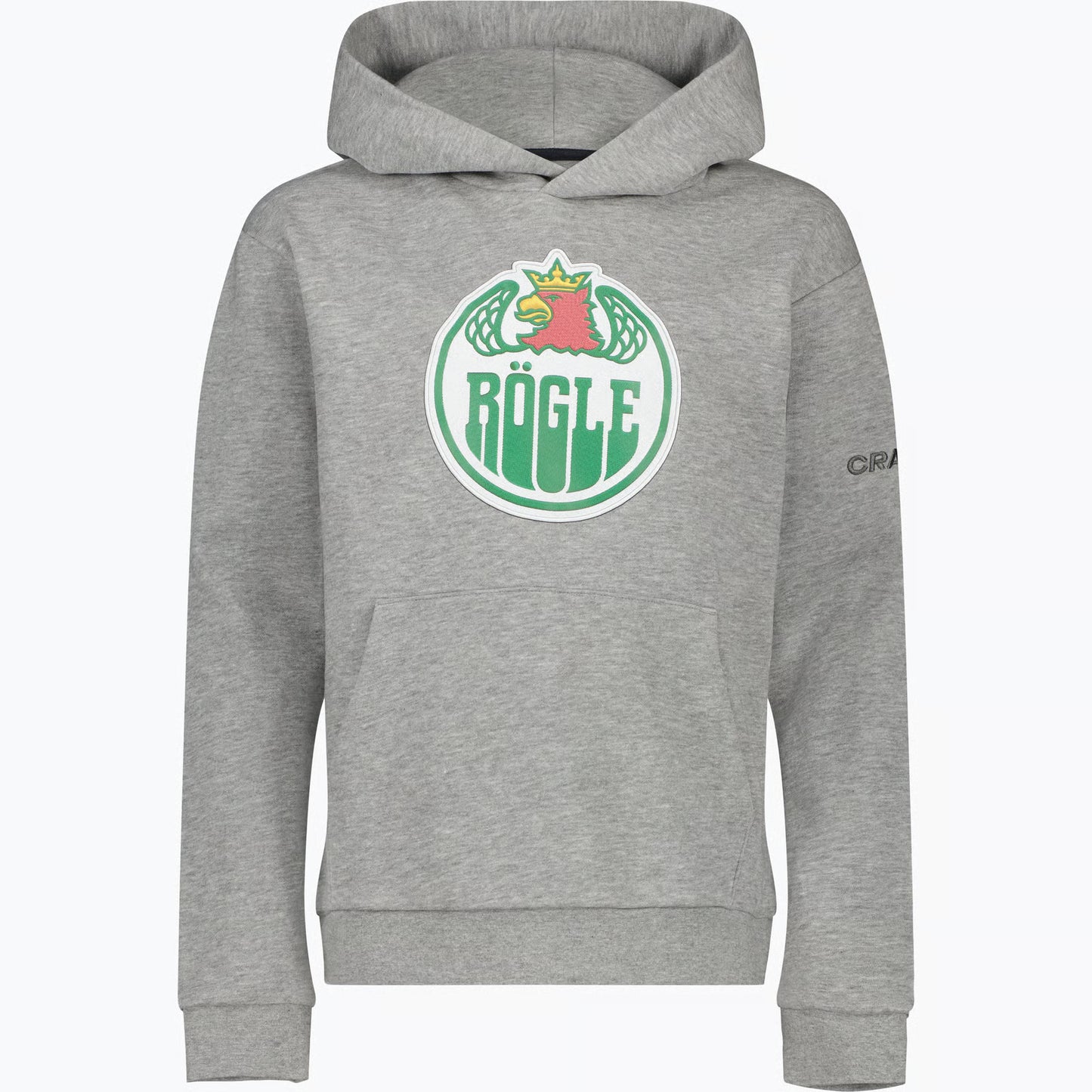 Grå luvtröja med stor logotyp på bröstet.