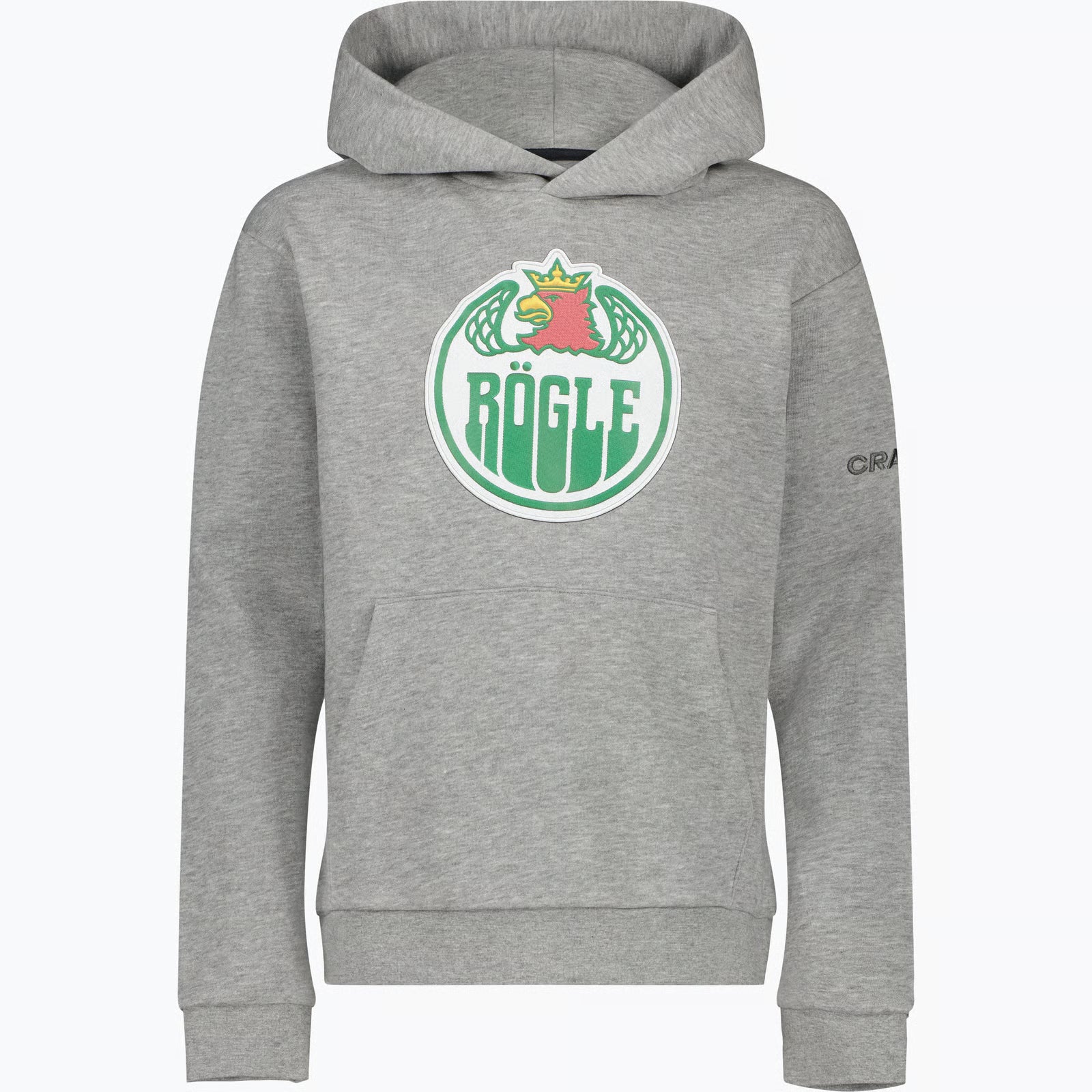 Grå luvtröja med stor logotyp på bröstet.