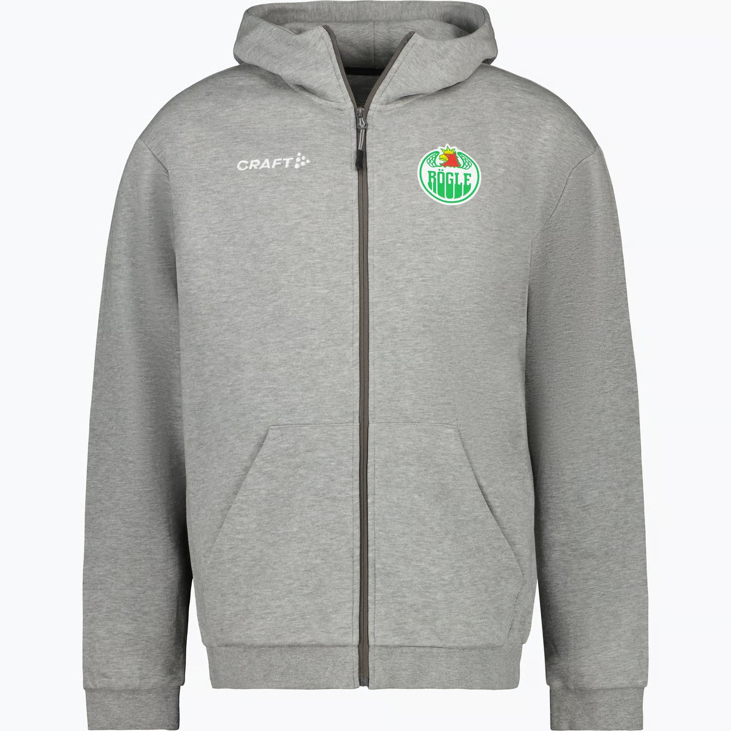 Grå ziptröja med luva och mindre logotyp på bröstet.