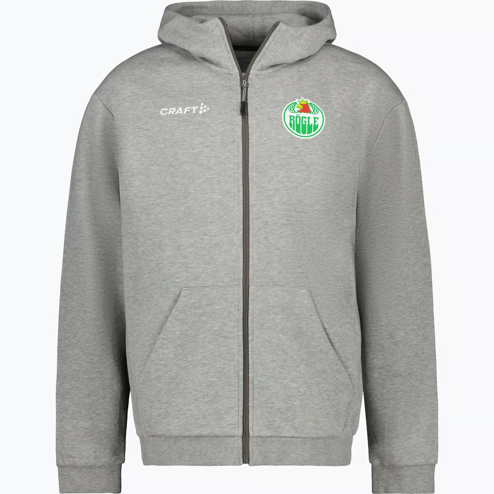Grå ziptröja med luva och mindre logotyp på bröstet.