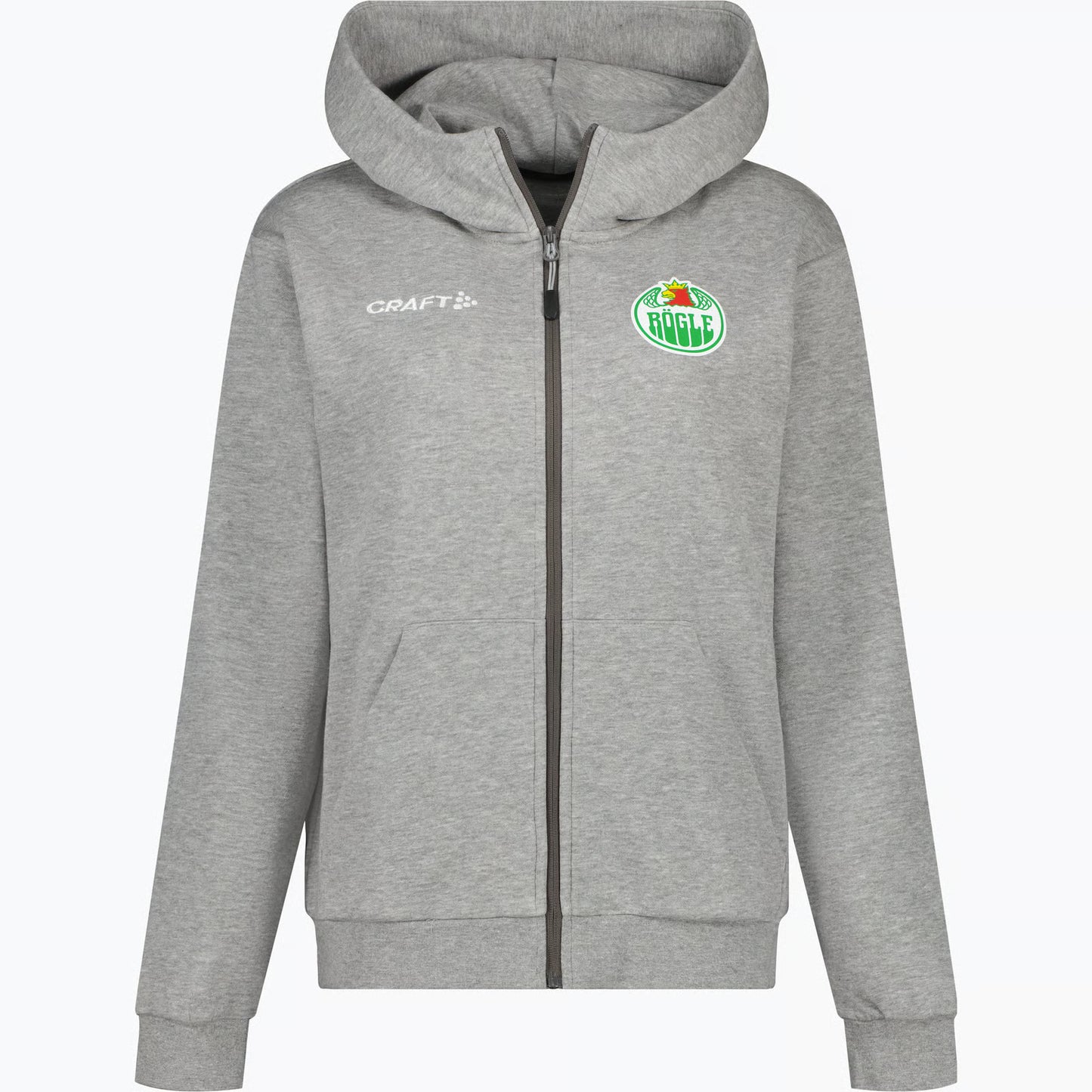 Grå ziptröja med luva och mindre logotyp på bröstet.