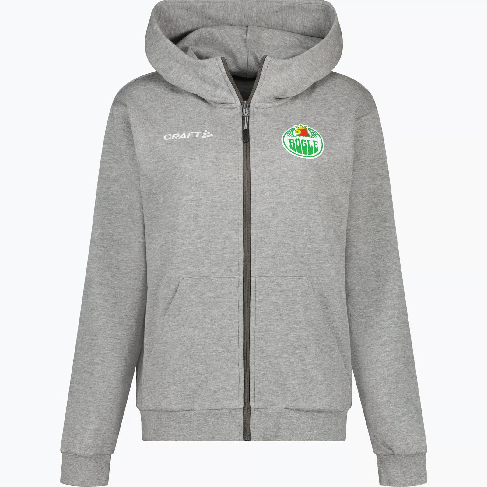 Grå ziptröja med luva och mindre logotyp på bröstet.