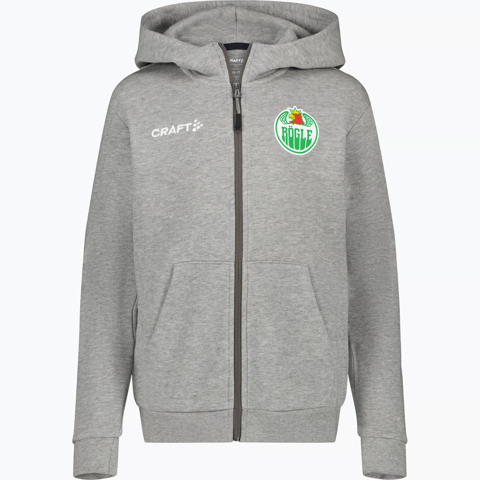 Grå luvtröja med dragkedja och liten logotyp på bröstet.