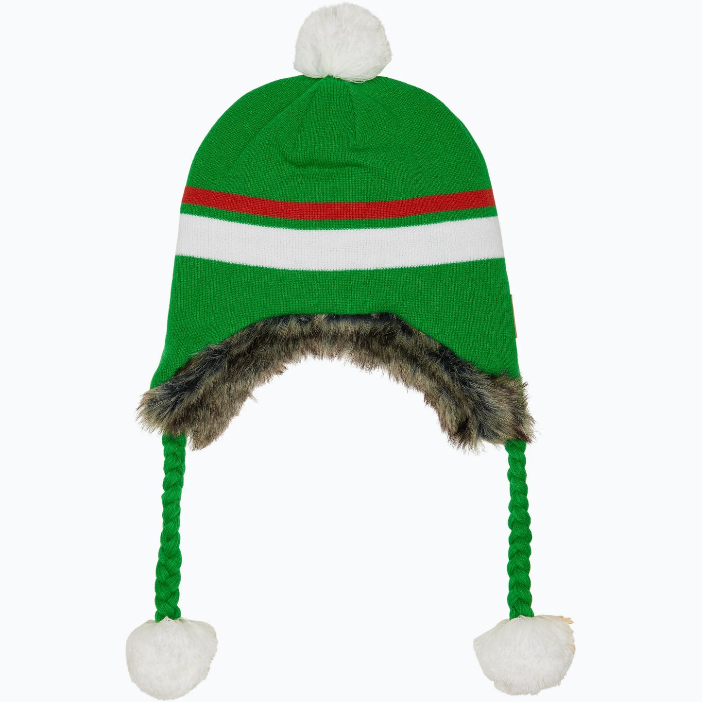Grön mössa med pälsigt innerfoder och två toffsar i snören.