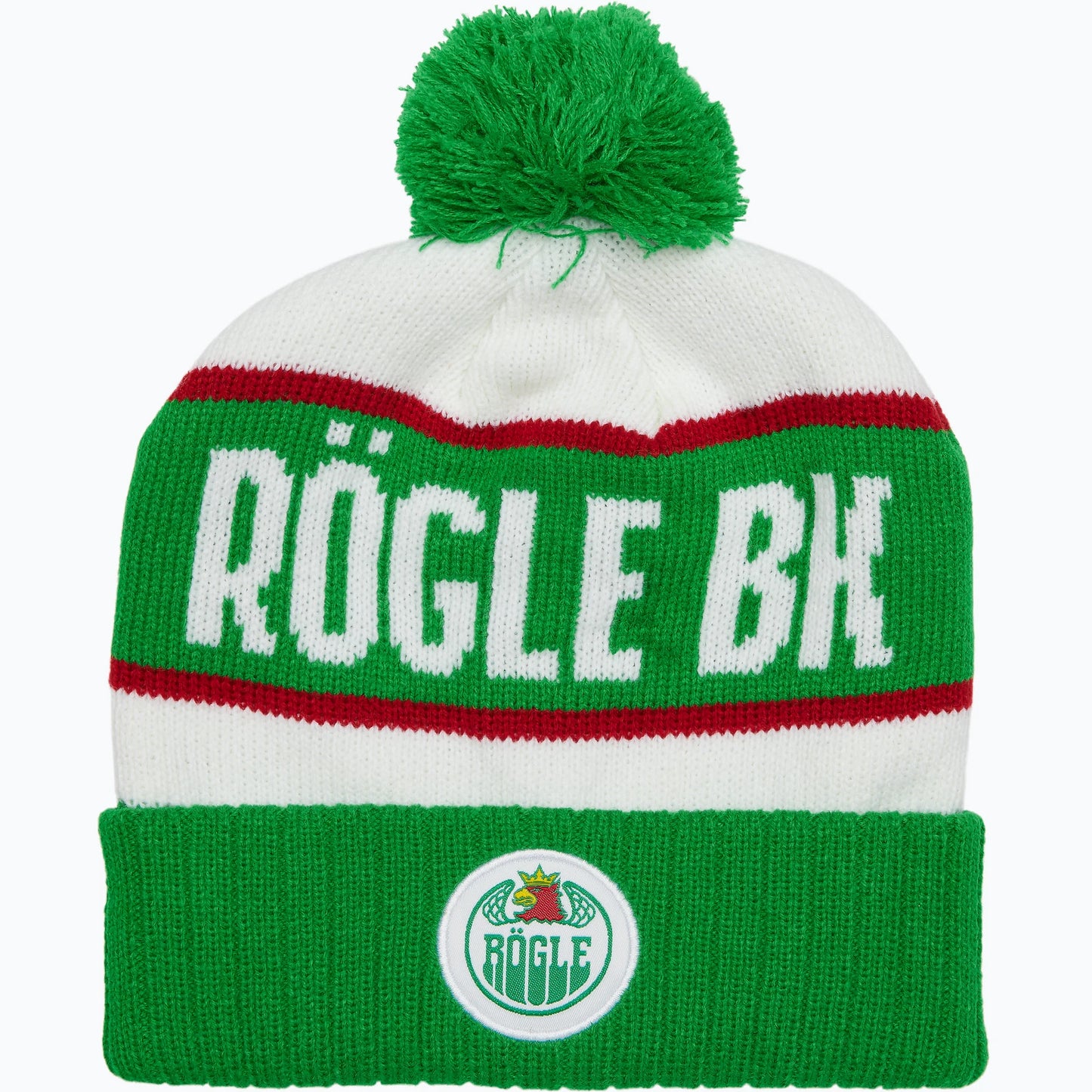 Grön mössa med röda och vita ränder märkt med Rögle BK och logotyp.