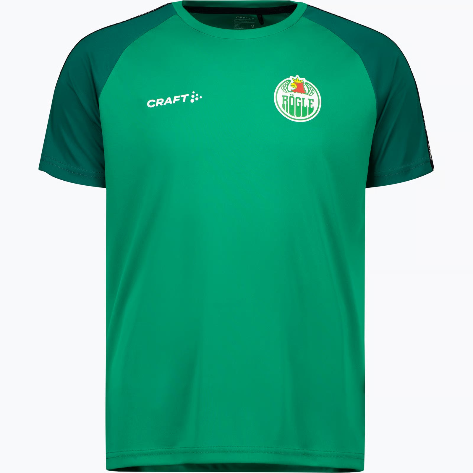 Ljusgrön t-shirt med mörkgröna ärmar och logotyp på ena bröstet.