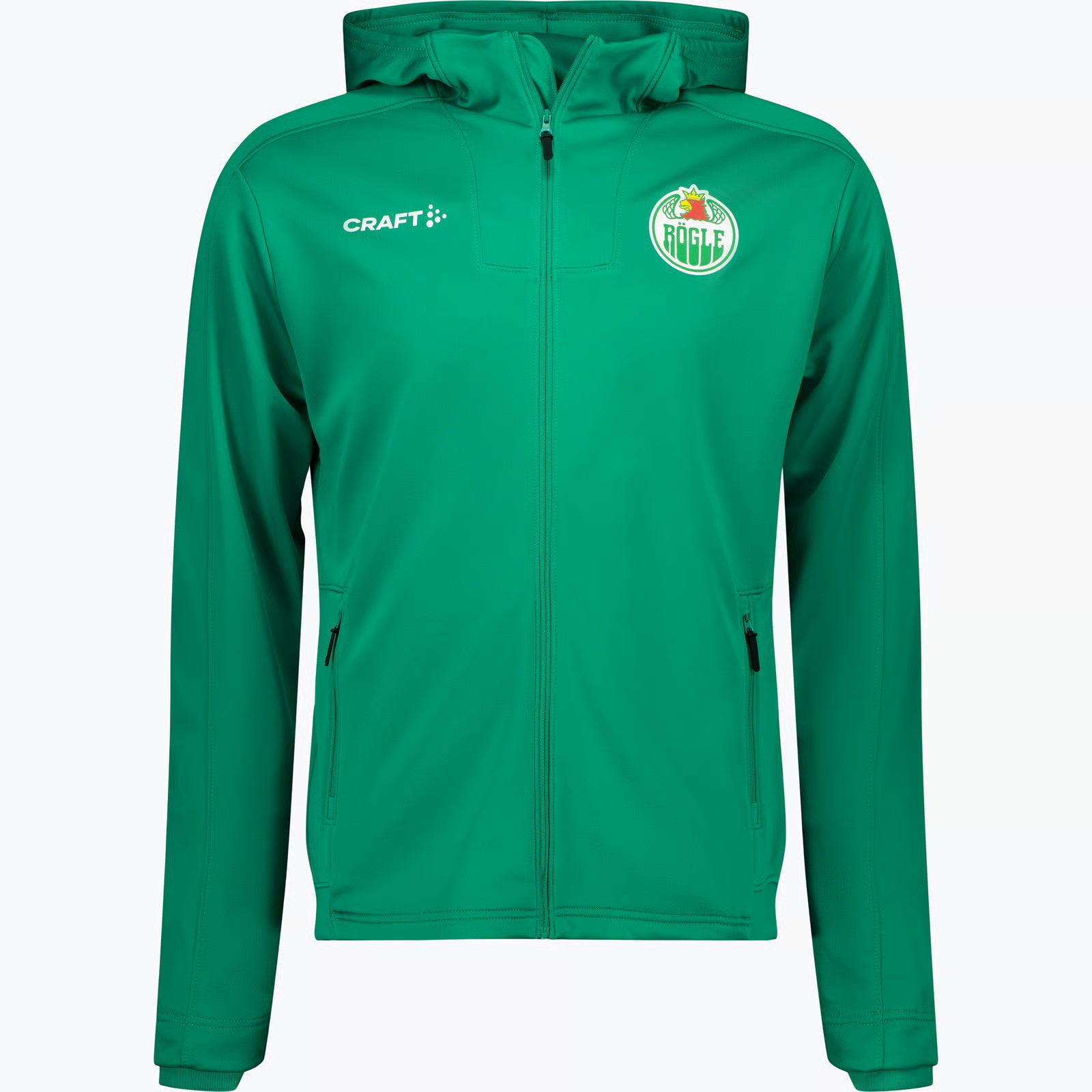 Grön luvtröja med zip och mindre logotyp på ena bröstet.