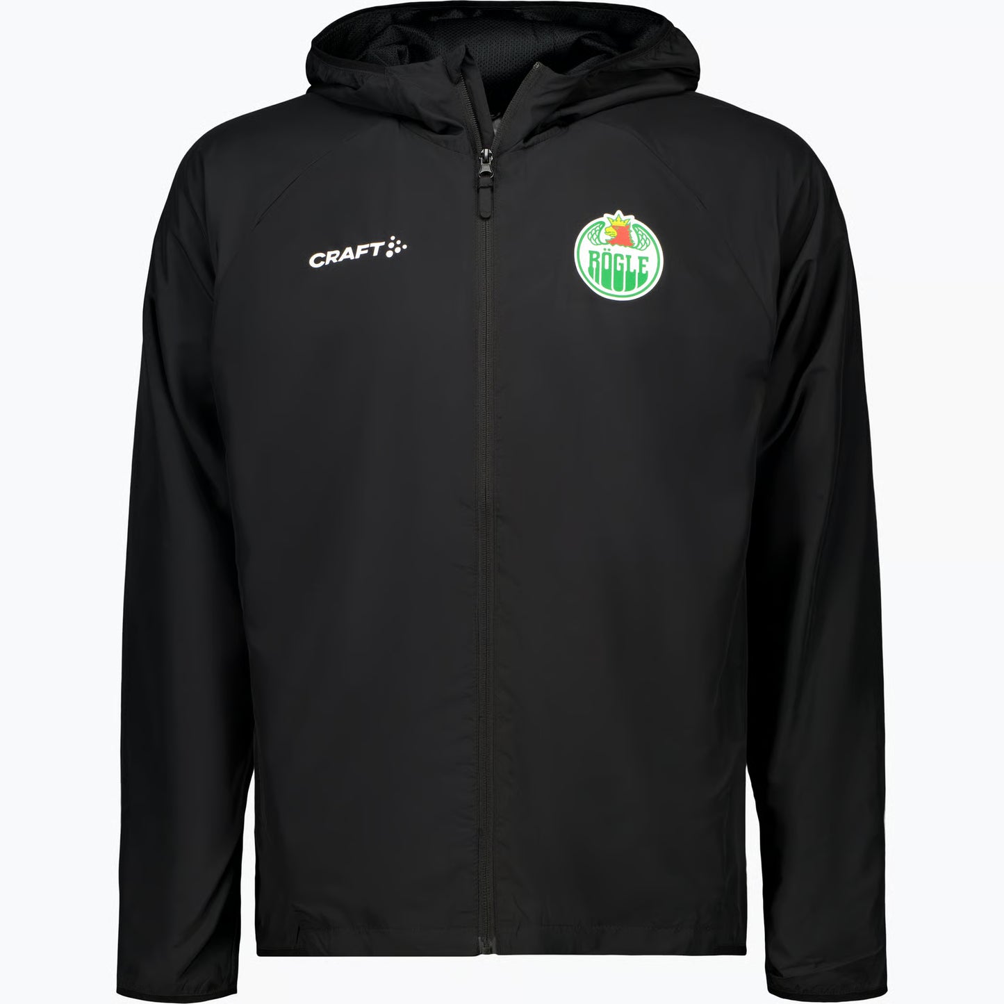Svart luvtröja med zip och mindre logotyp på ena bröstet.