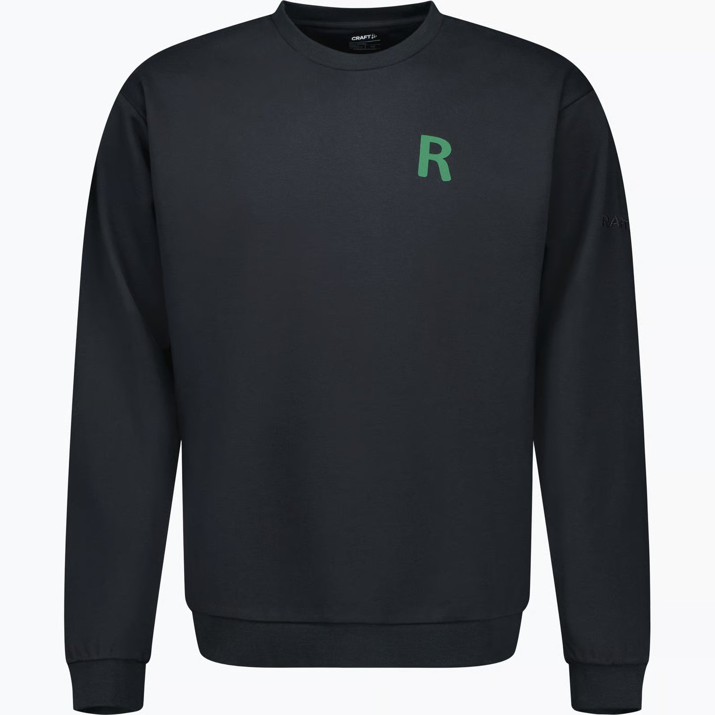 Svart sweatshirt med ett grönt R på ena bröstet.