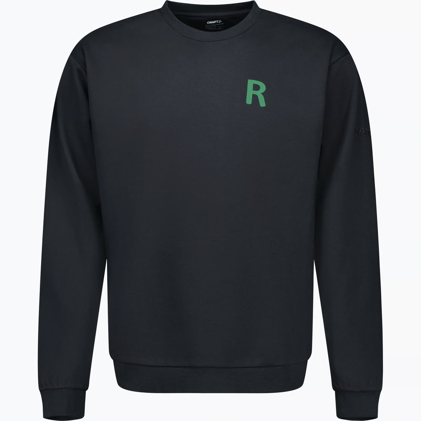 Svart sweatshirt med ett grönt R på ena bröstet.