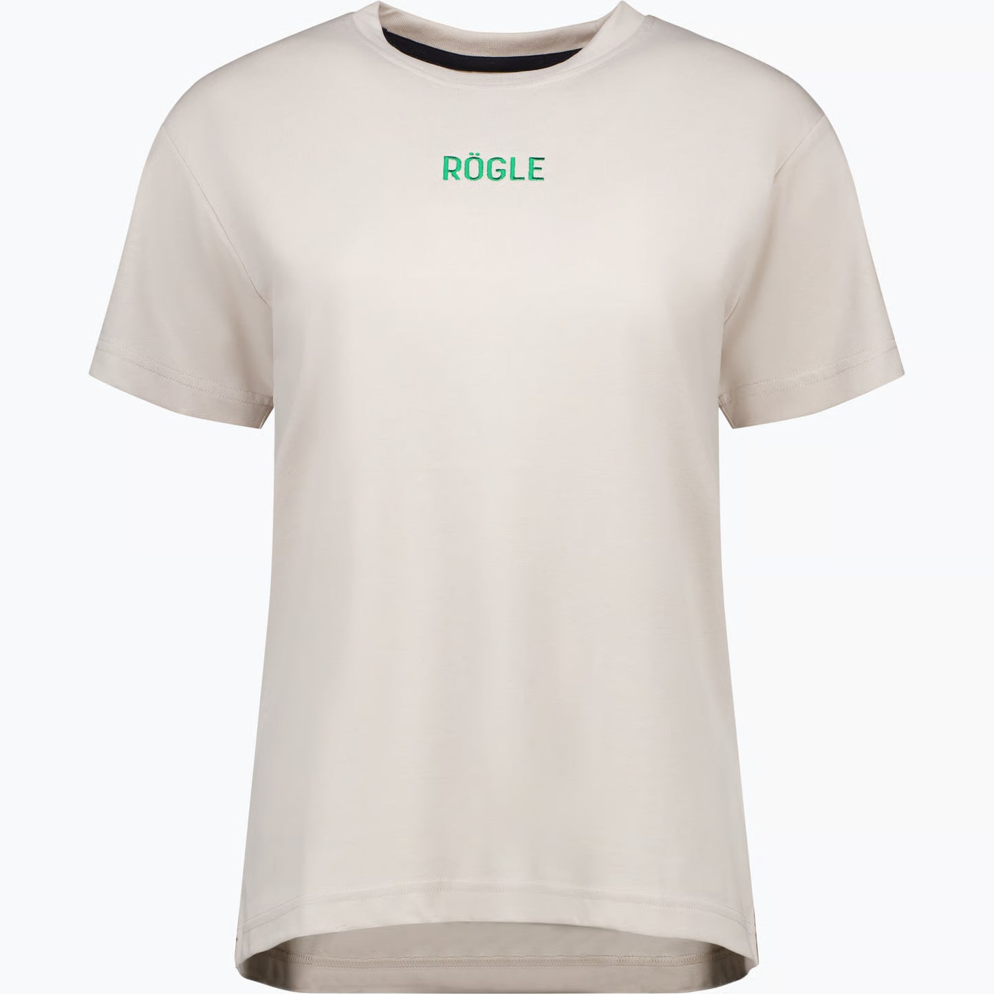 Beige t-shirt med texten Rögle i grönt centrerat på bröstet.