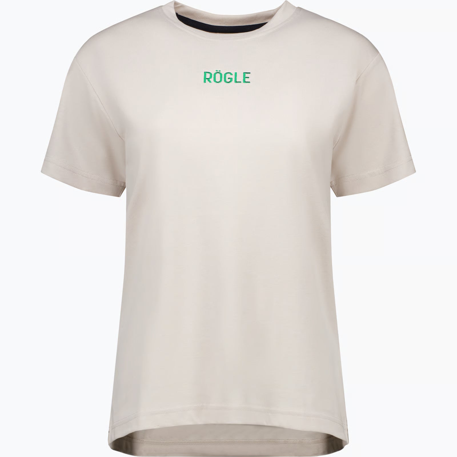 Beige t-shirt med texten Rögle i grönt centrerat på bröstet.