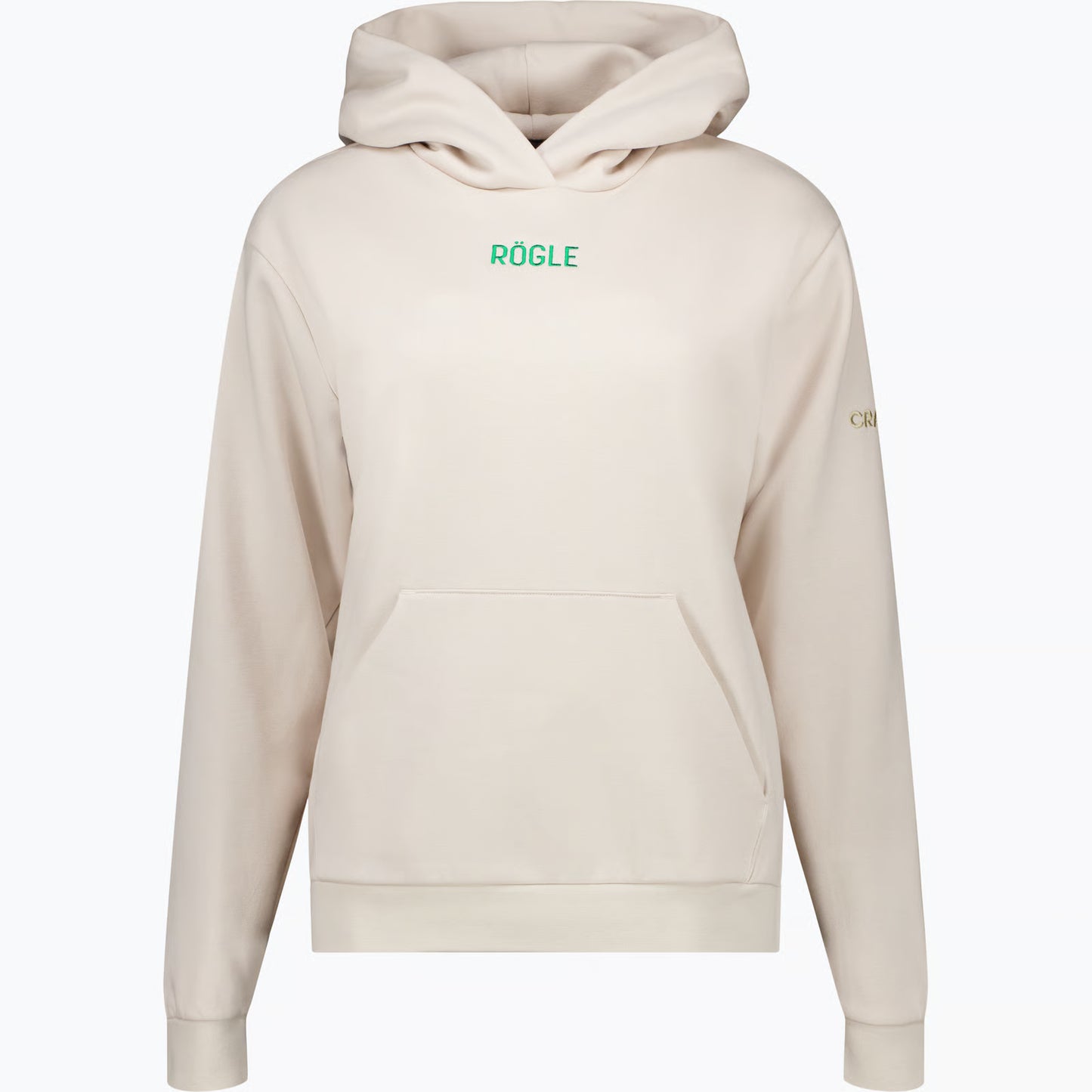 Beige luvtröja med rögle i grön mindre text centrerad på bröstet.