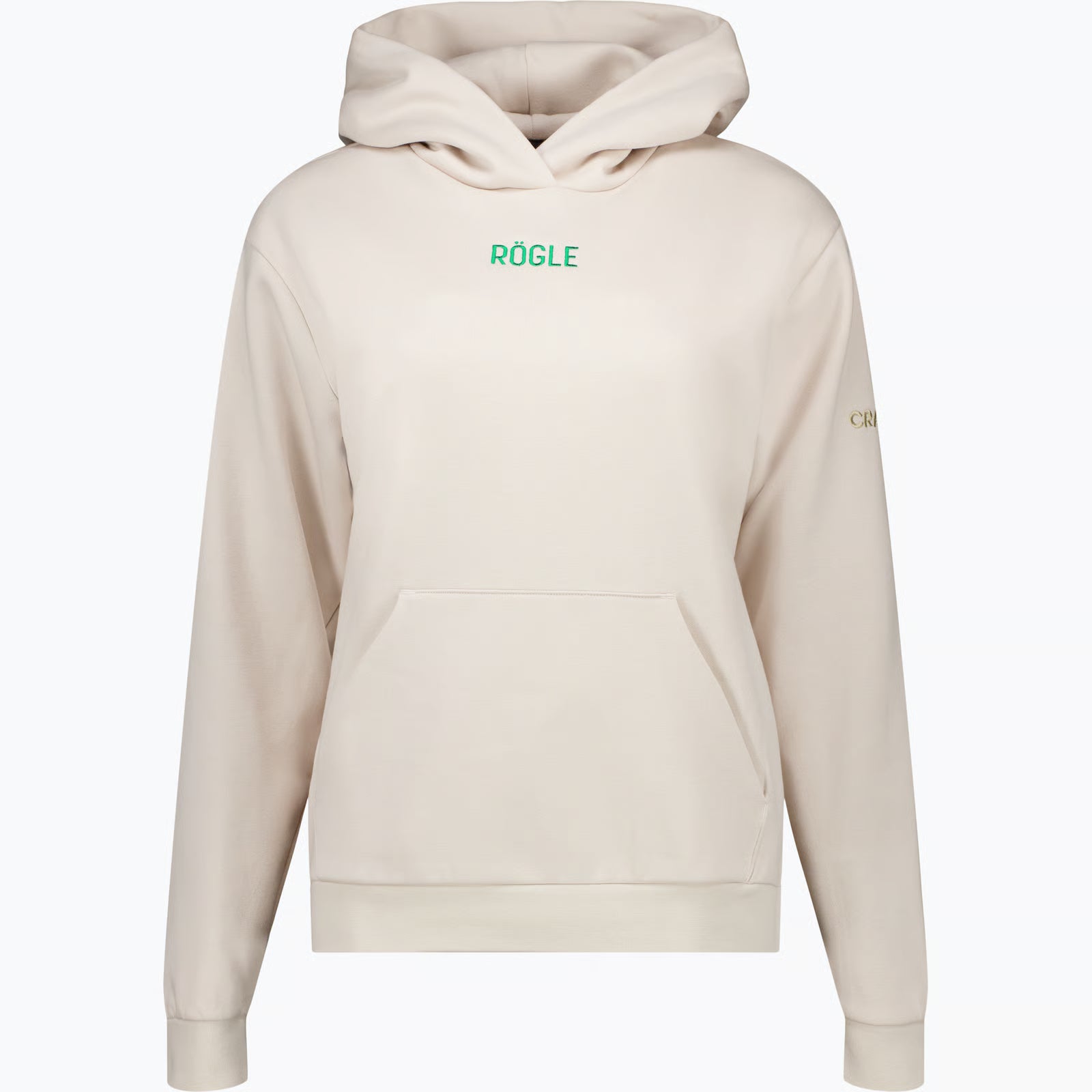 Beige luvtröja med rögle i grön mindre text centrerad på bröstet.