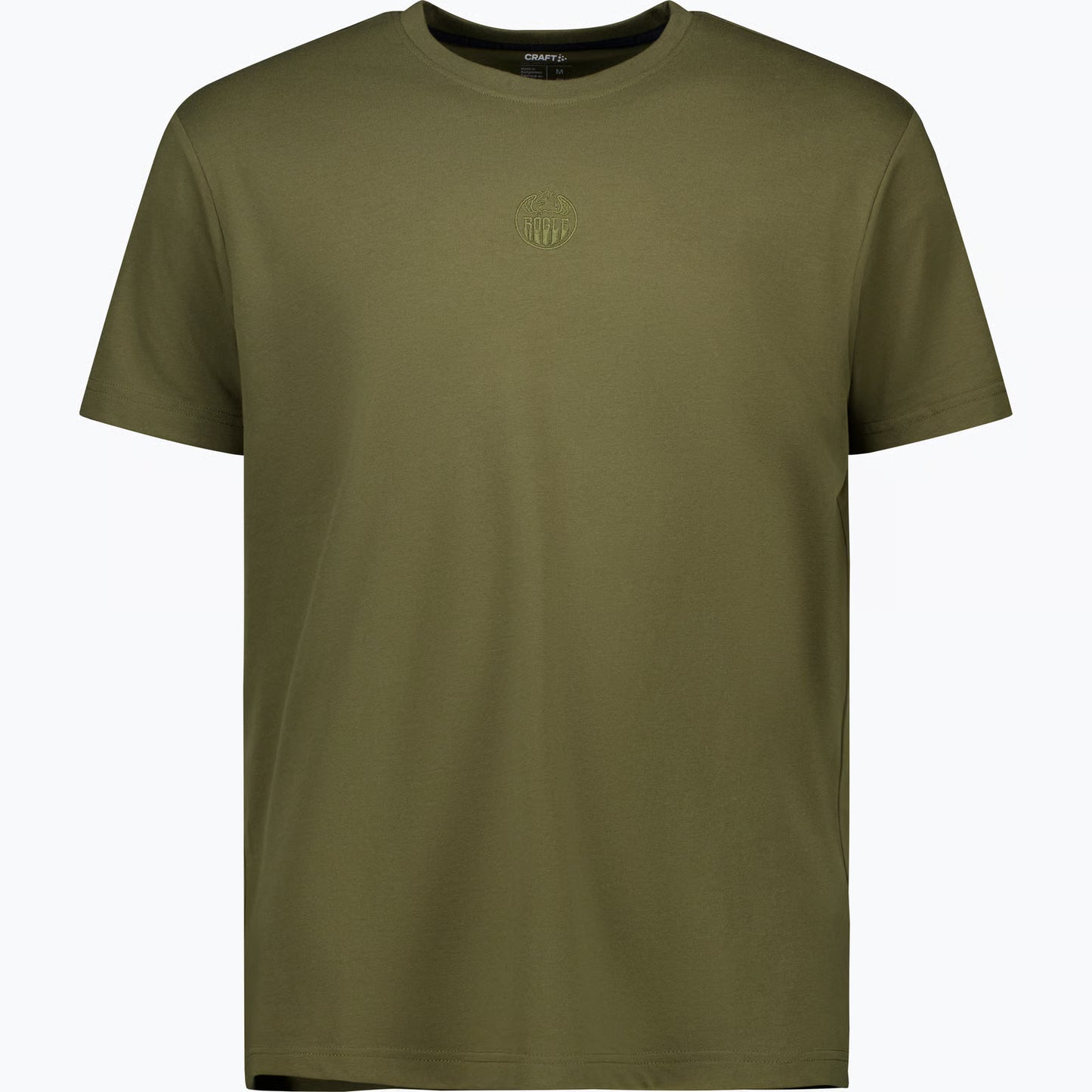 Mossgrön t-shirt med en mindre broderad logotyp i samma färg på bröstet.