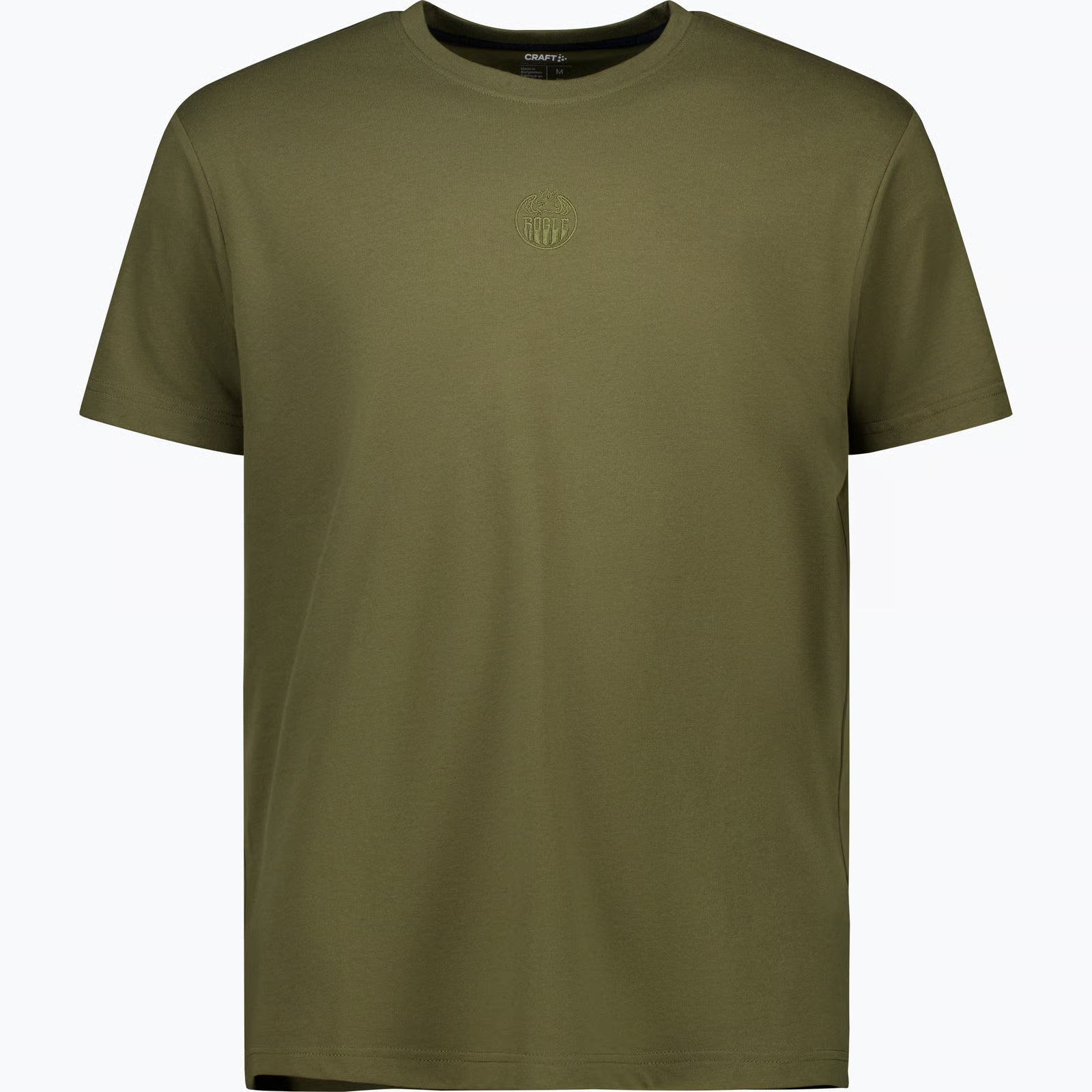 Mossgrön t-shirt med en mindre broderad logotyp i samma färg på bröstet.
