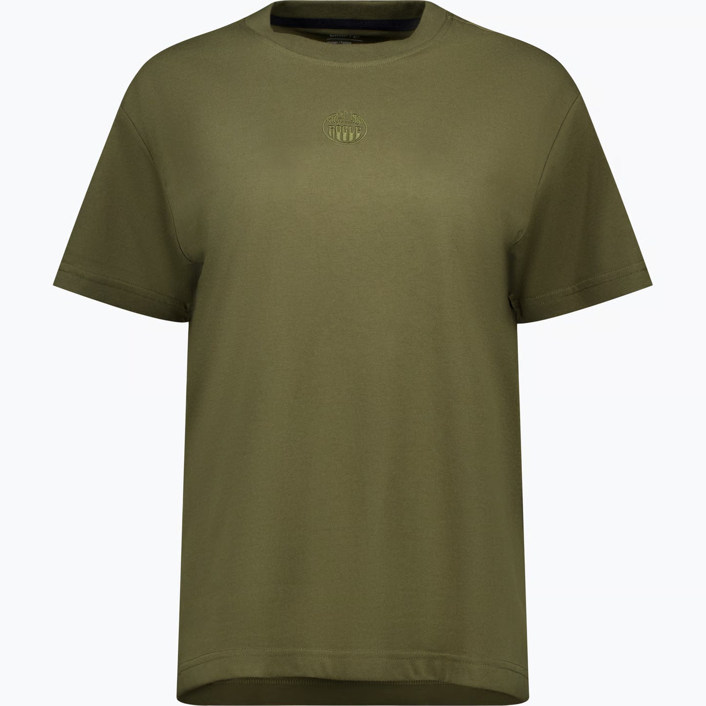 Mossgrön t-shirt med en mindre broderad logotyp i samma färg på bröstet.