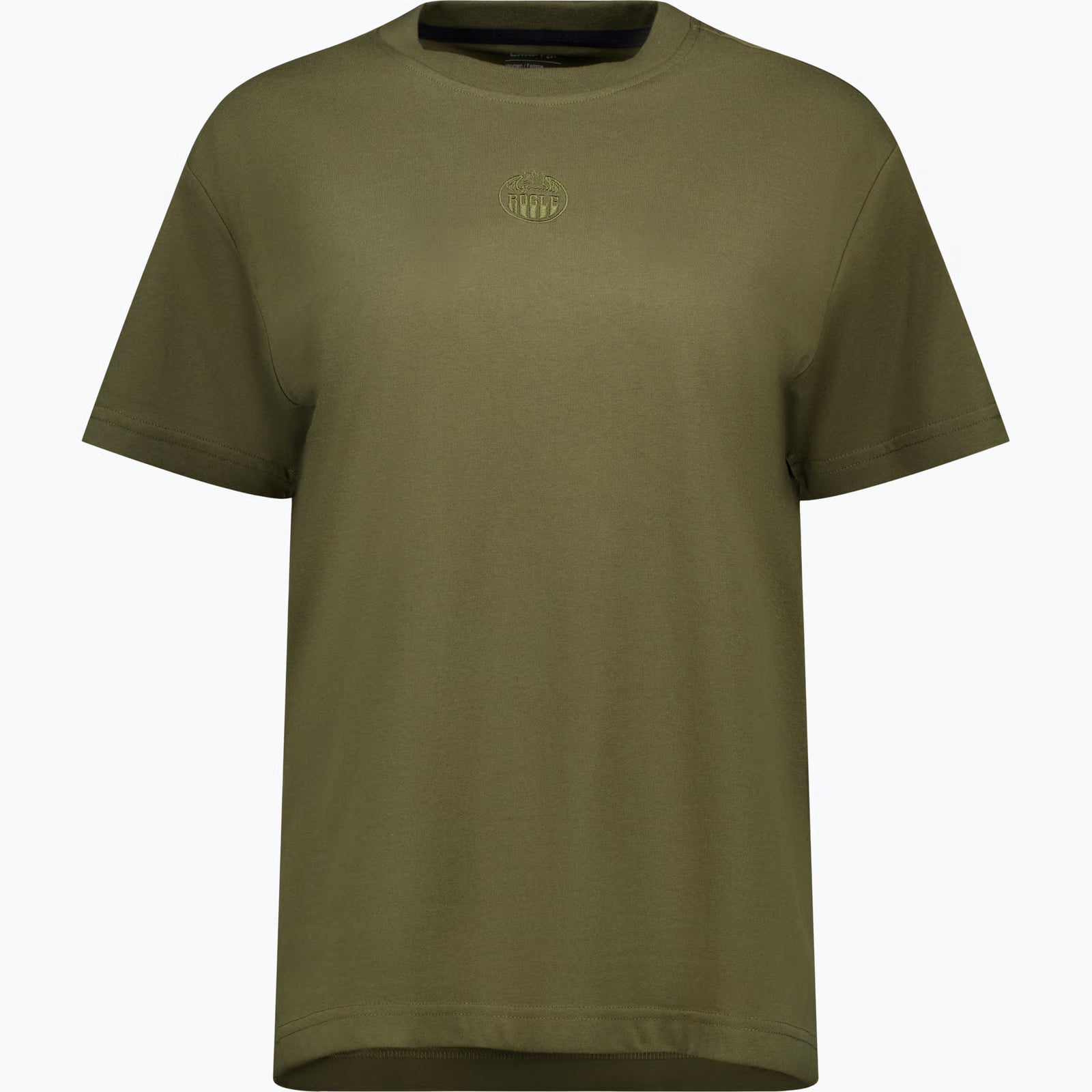 Mossgrön t-shirt med en mindre broderad logotyp i samma färg på bröstet.