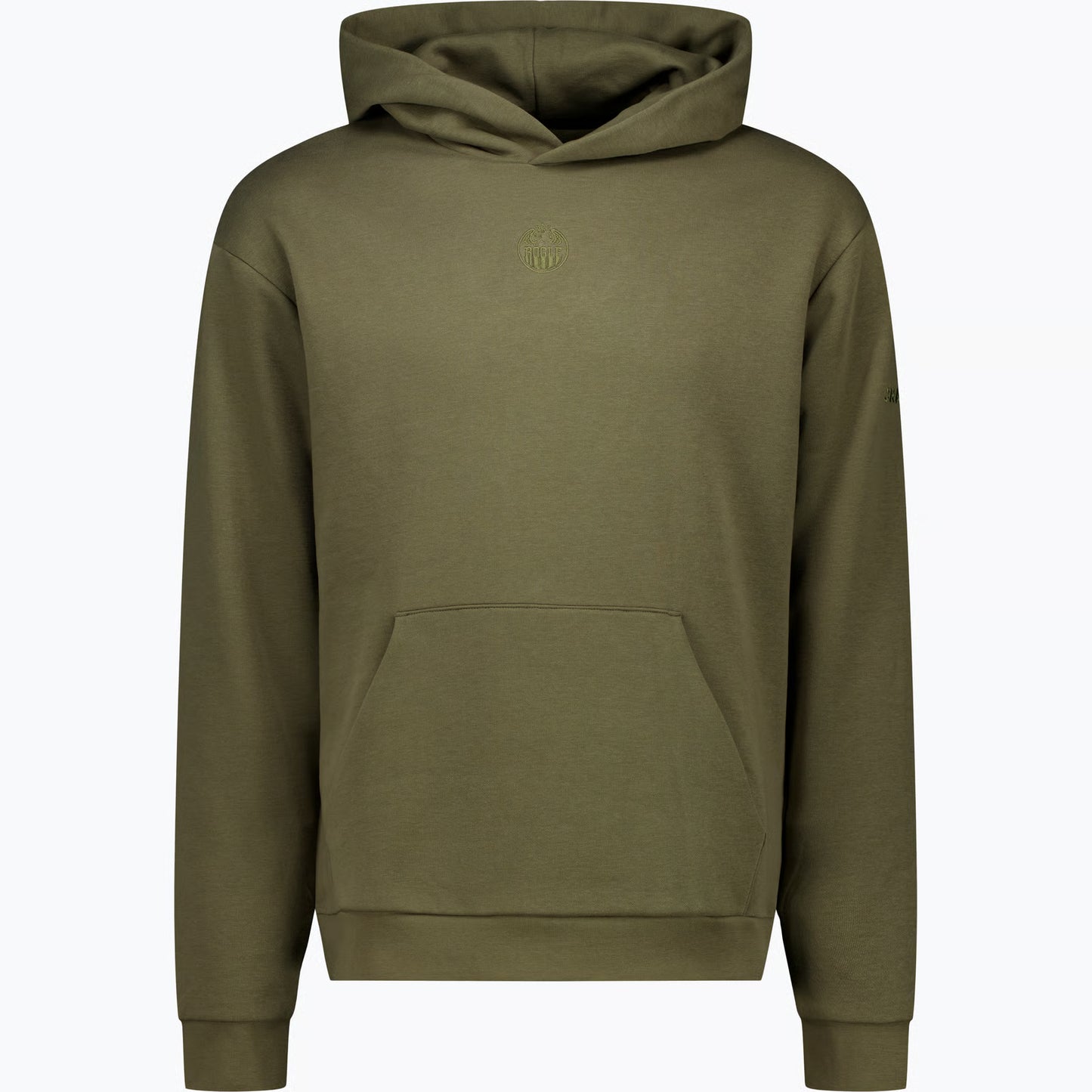 Mossgrön luvtröja med en mindre broderad logotyp i samma färg på bröstet.