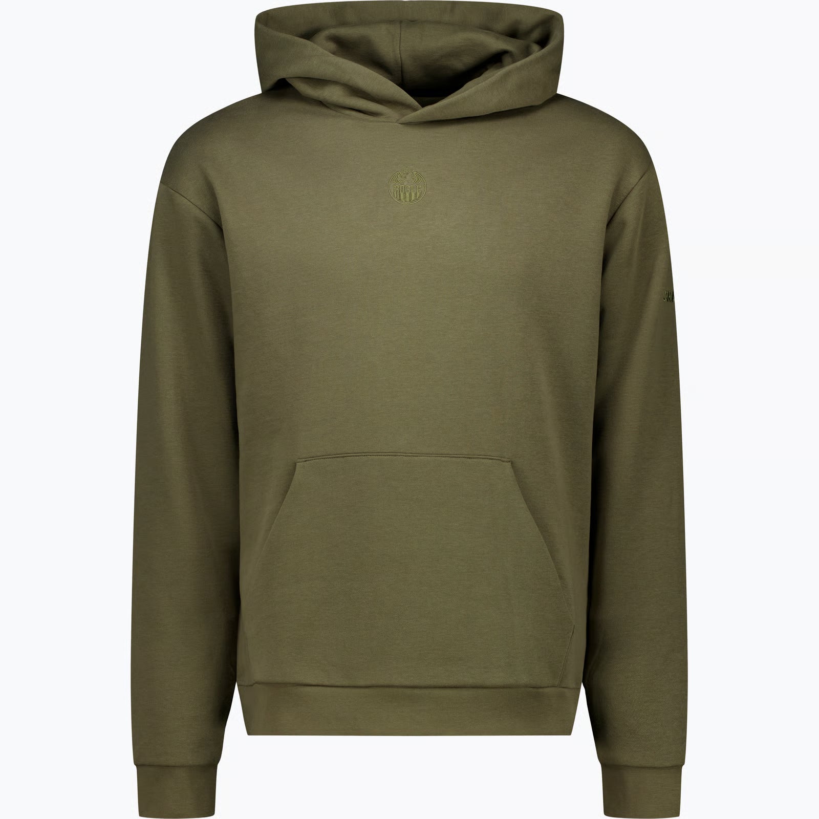 Mossgrön luvtröja med en mindre broderad logotyp i samma färg på bröstet.
