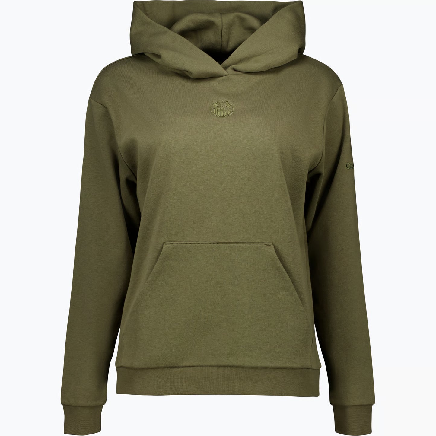 Mossgrön luvtröja med en mindre broderad logotyp i samma färg på bröstet.