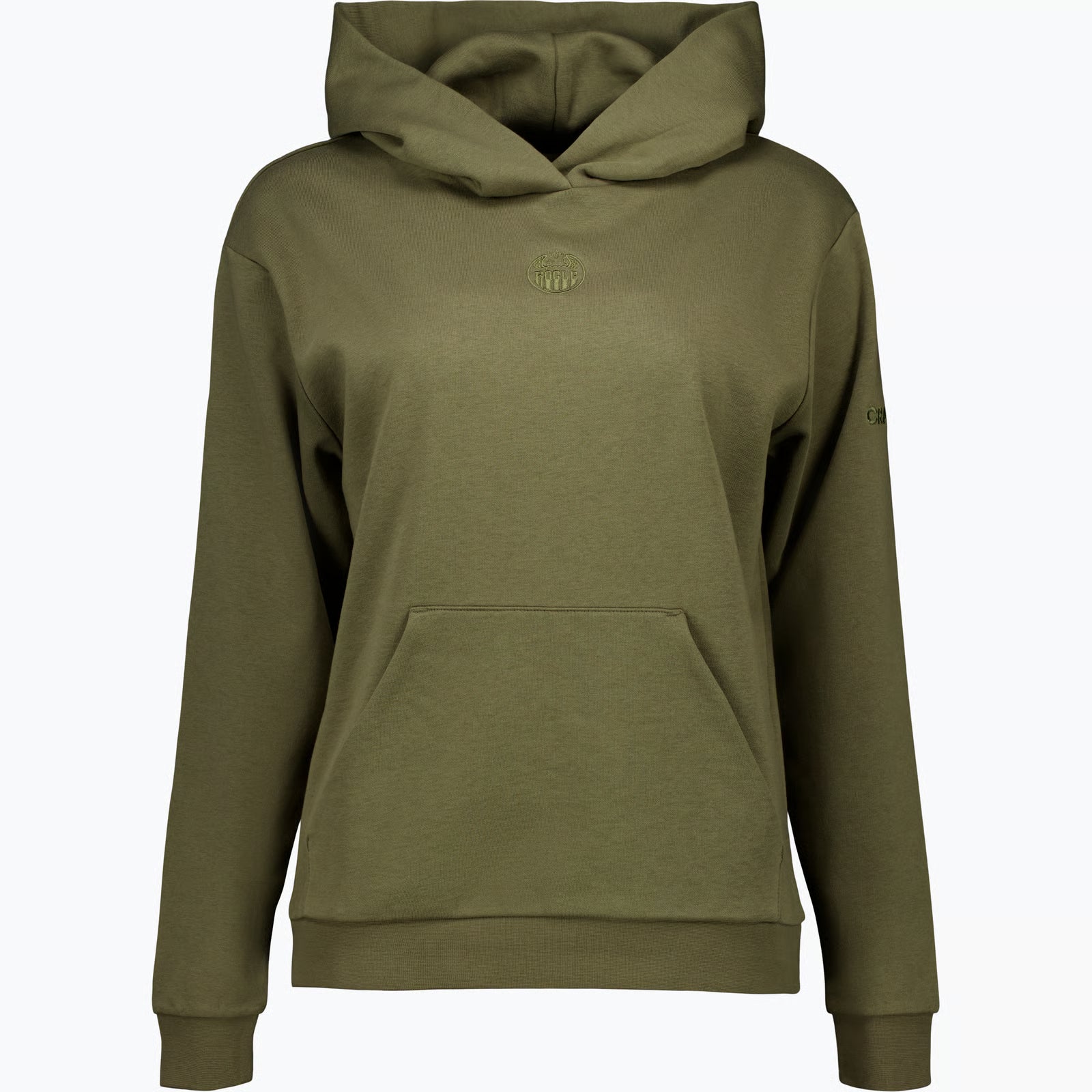 Mossgrön luvtröja med en mindre broderad logotyp i samma färg på bröstet.