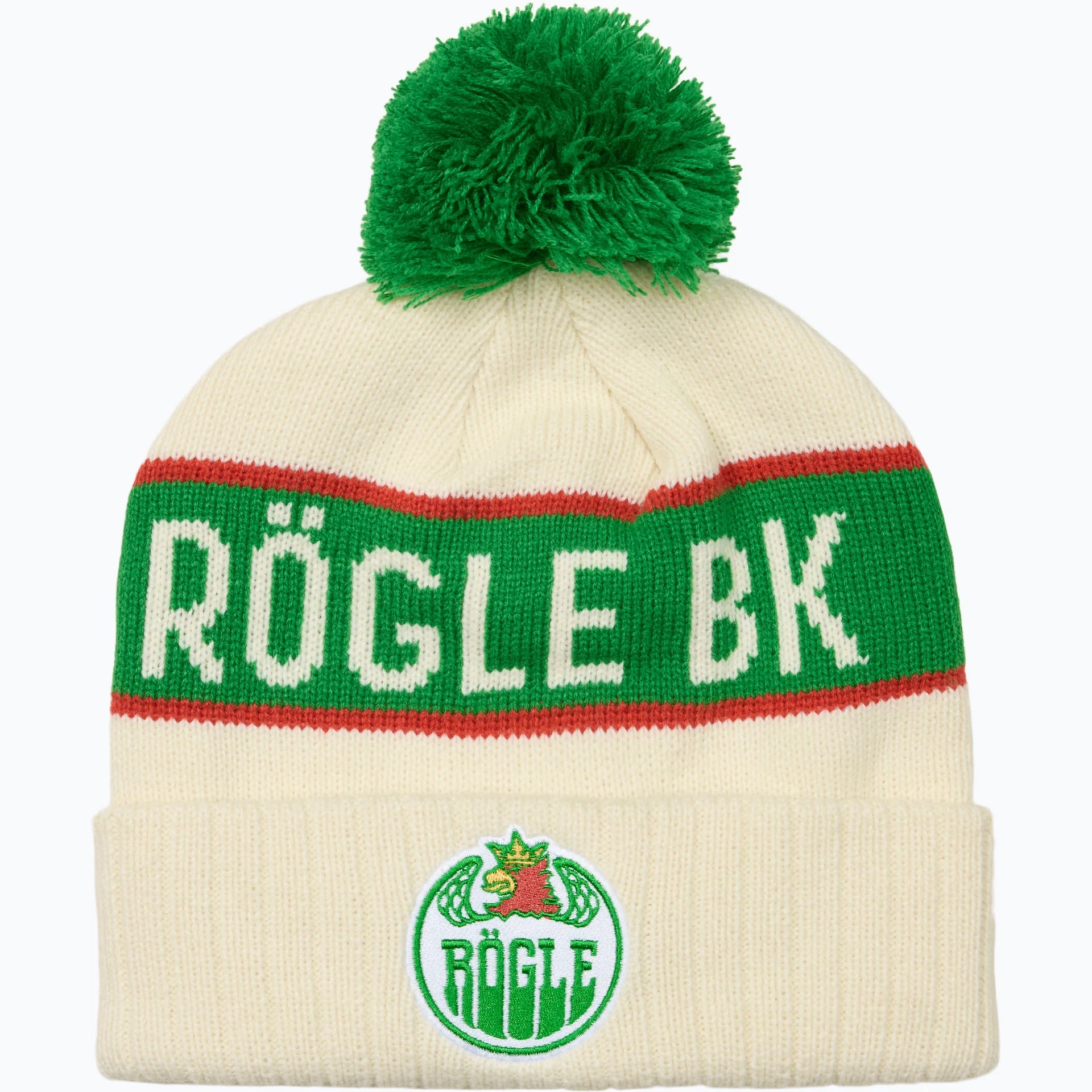 Vit mössa med toffs och en grön rand märkt med Rögle BK samt logotyp.