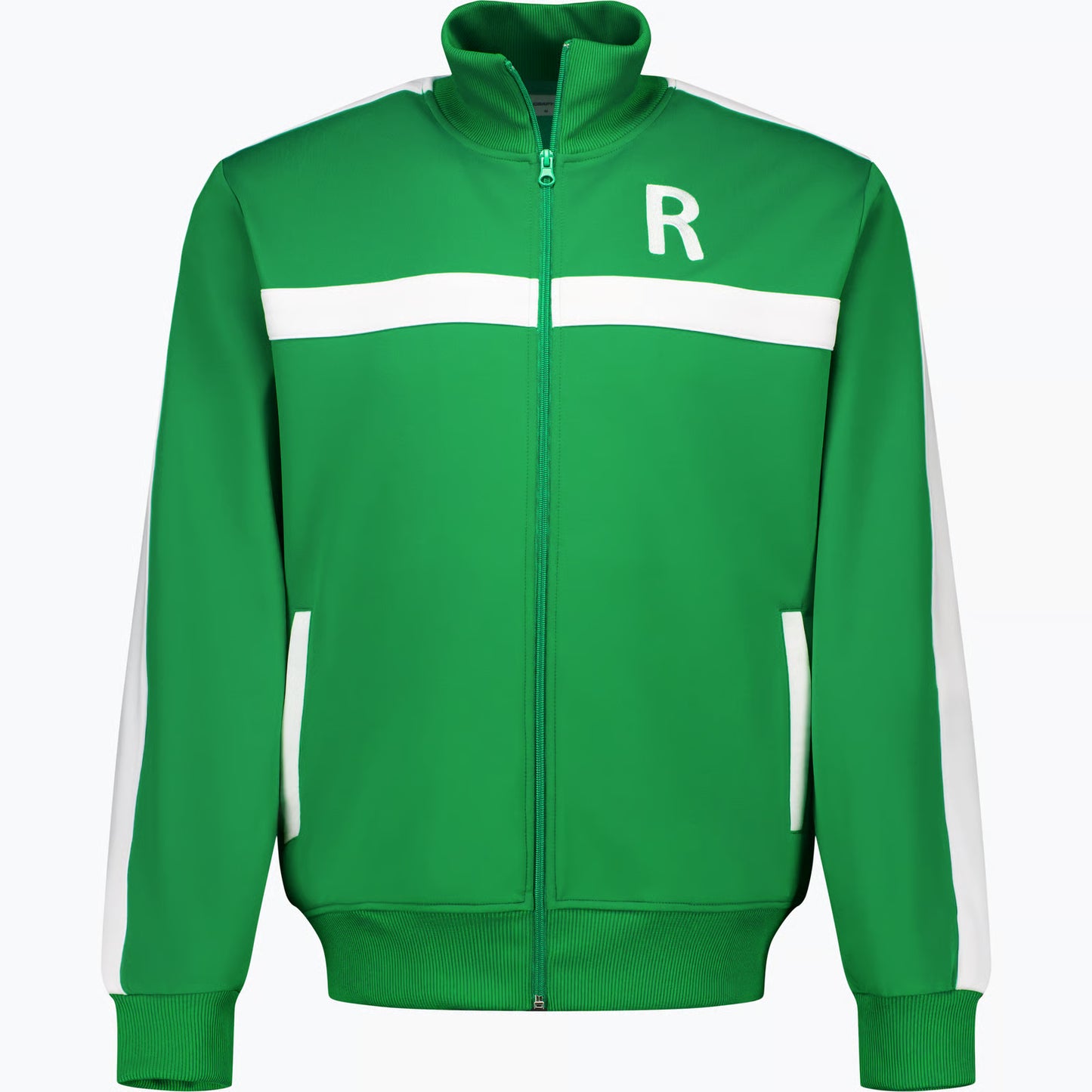 Grön tröja med zip, vita ränder samt ett vitt R på ena bröstet.