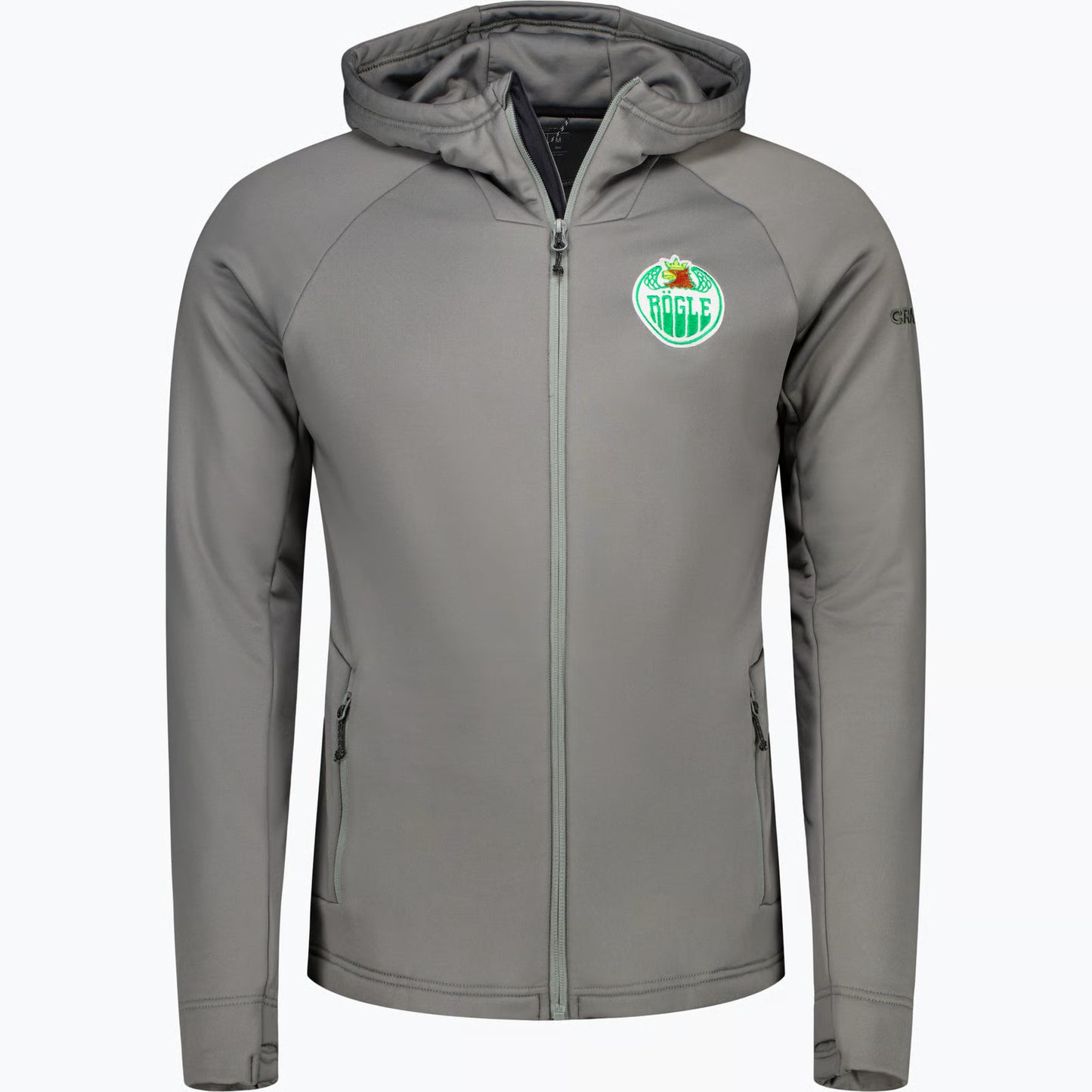Grå luvtröja med zip och logotyp på ena bröstet.