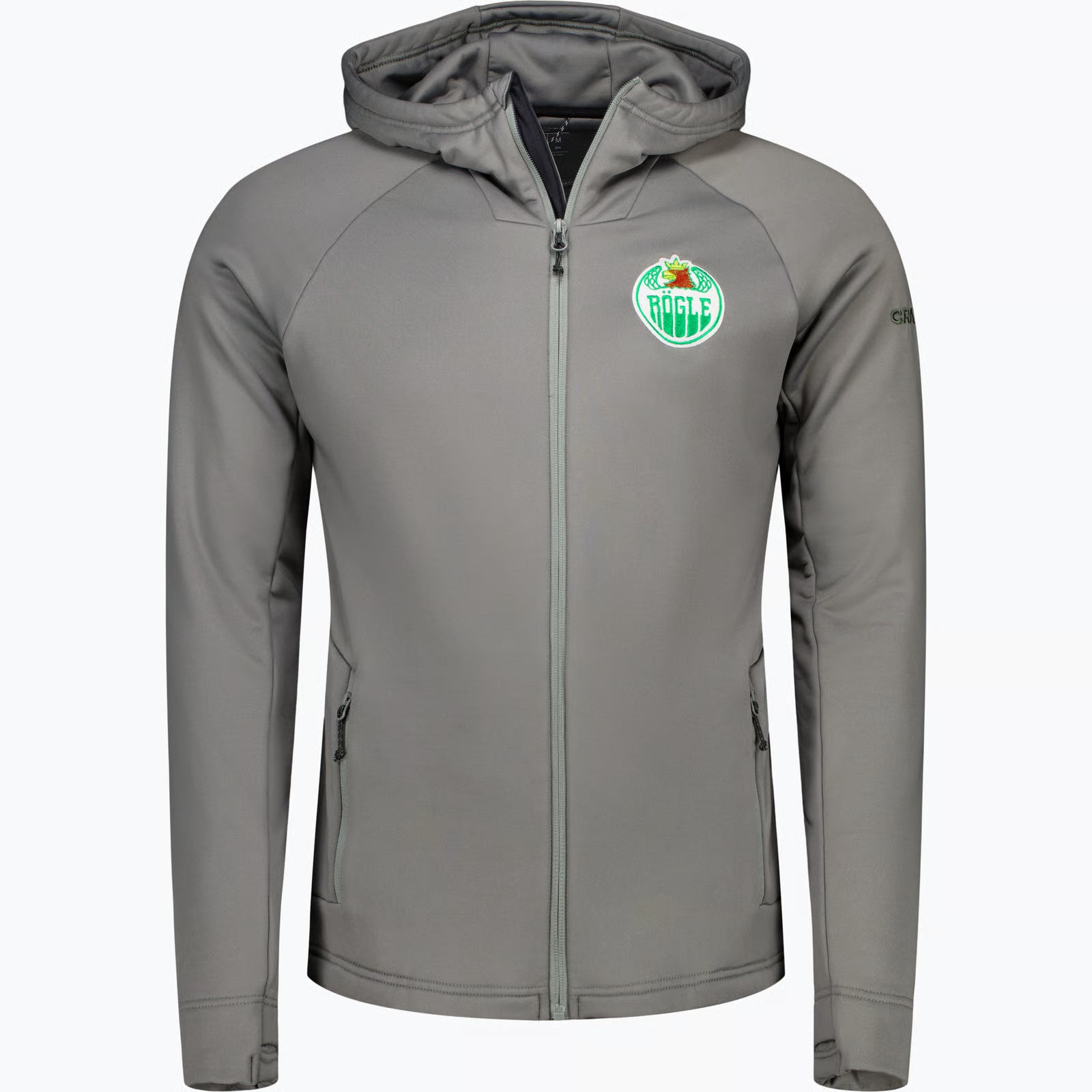 Grå luvtröja med zip och logotyp på ena bröstet.